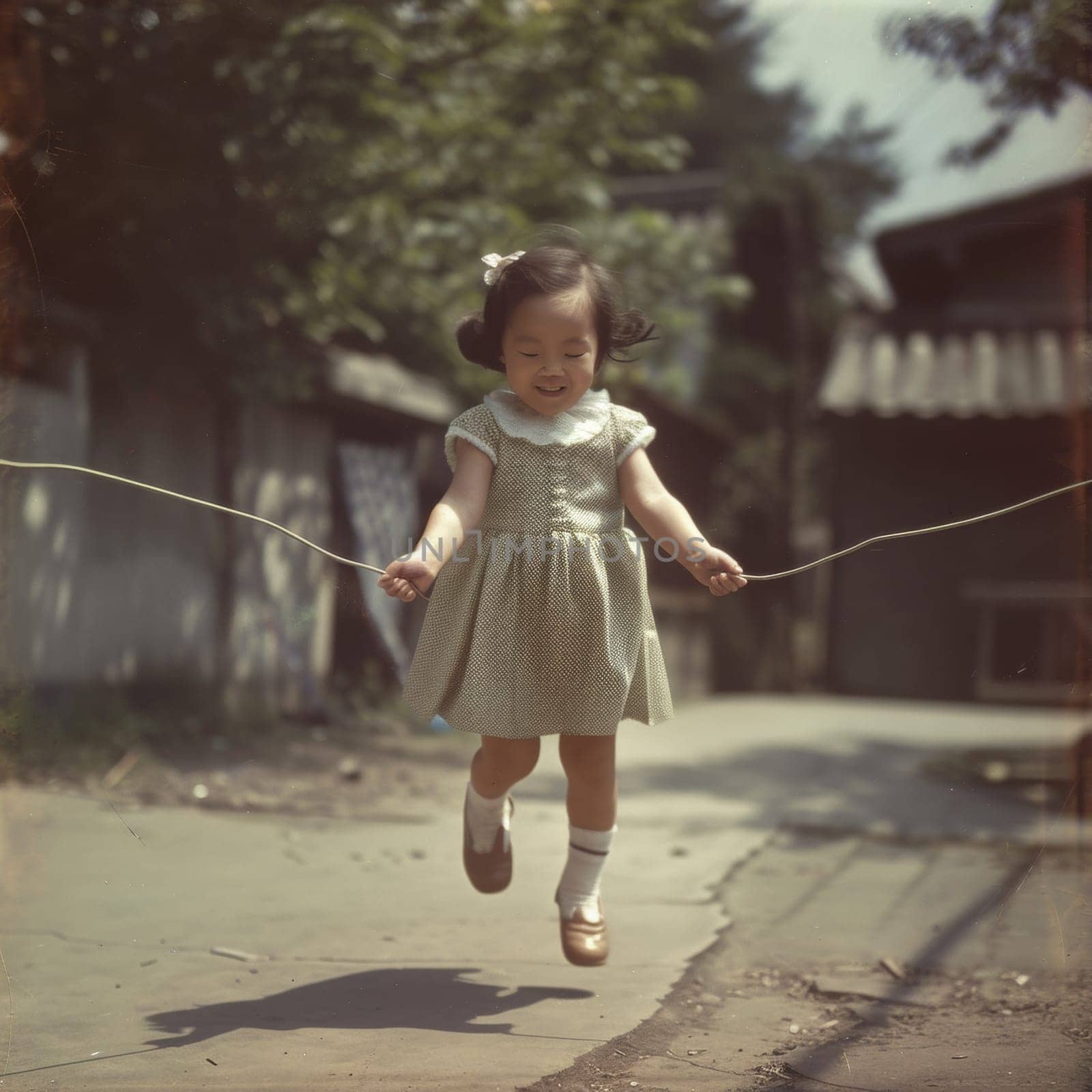 Little girl in vintage dress playing with jump rope on a sunny day