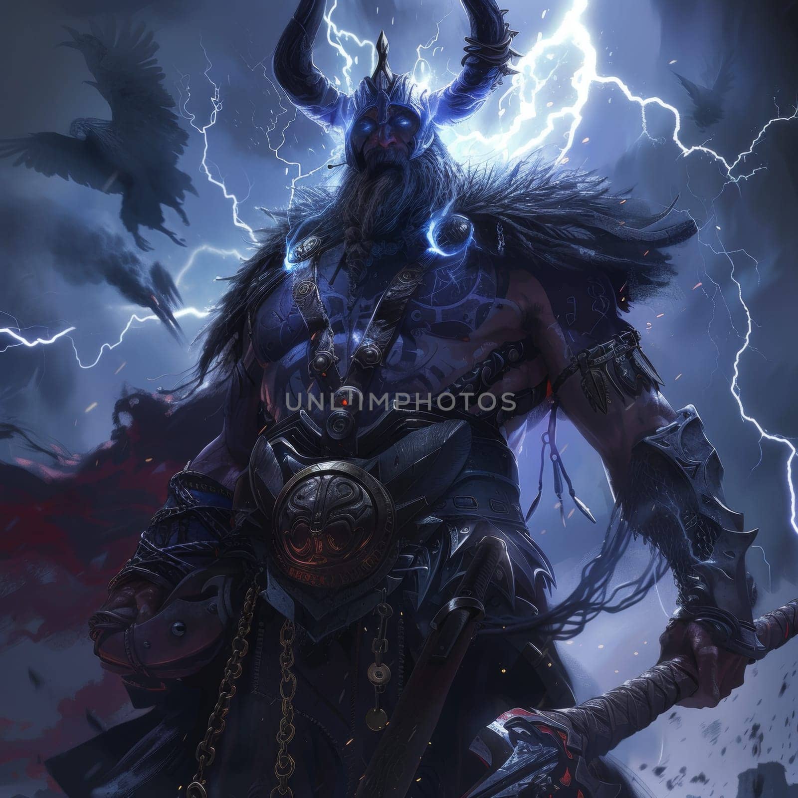 A Viking deity figure stands against a dramatic stormy sky, invoking thunder