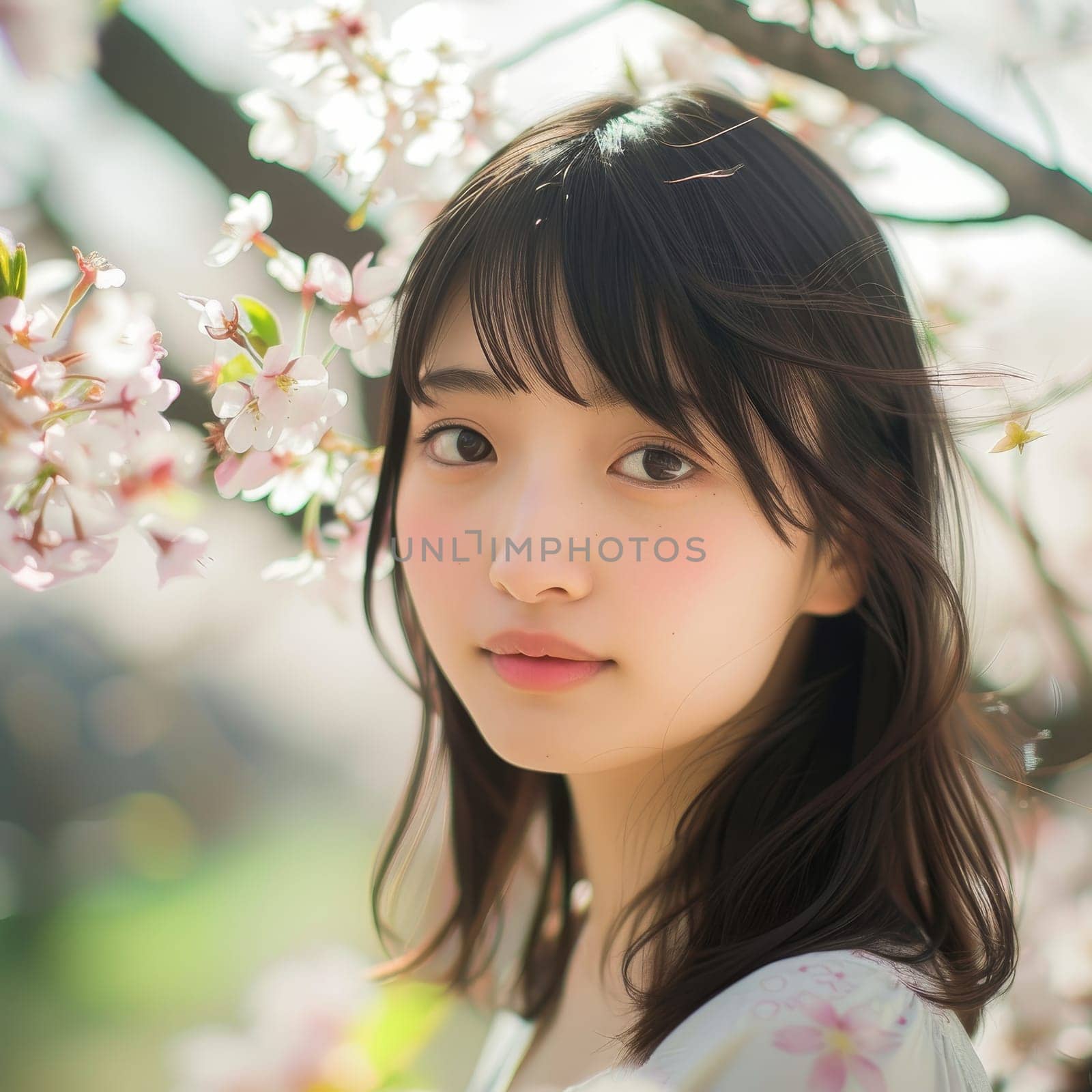 A youthful woman in a white kimono, cherry blossoms complementing her gentle look