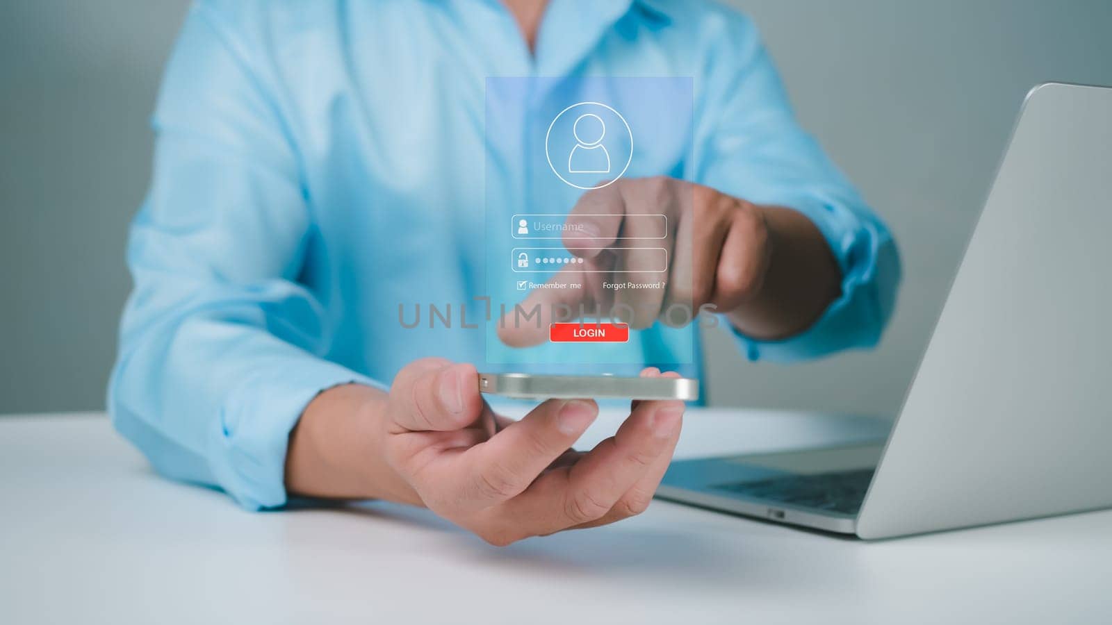 Cyber security and password login concept, Businessman uses smartphone and entering username and password of data network, Online data protection concept