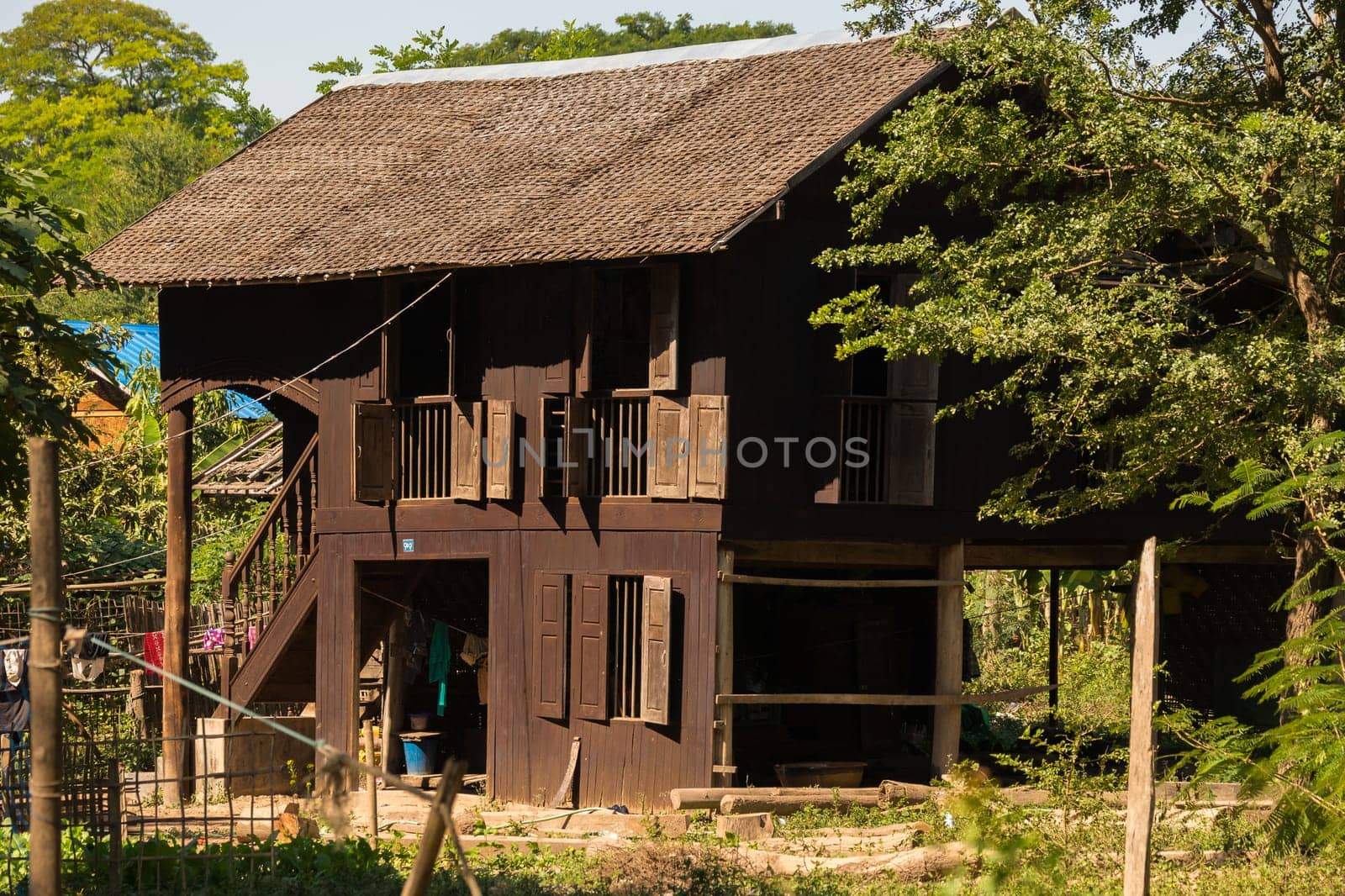 A traditional village house in Myanmar