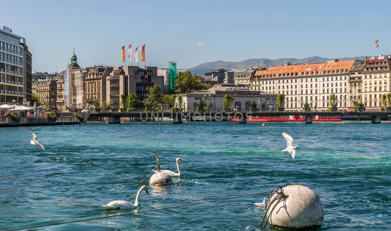 Geneva, Switzerland - September 12th, 2015: A view to Geneva City Center over Lake Geneva at an enjoyable summer day.