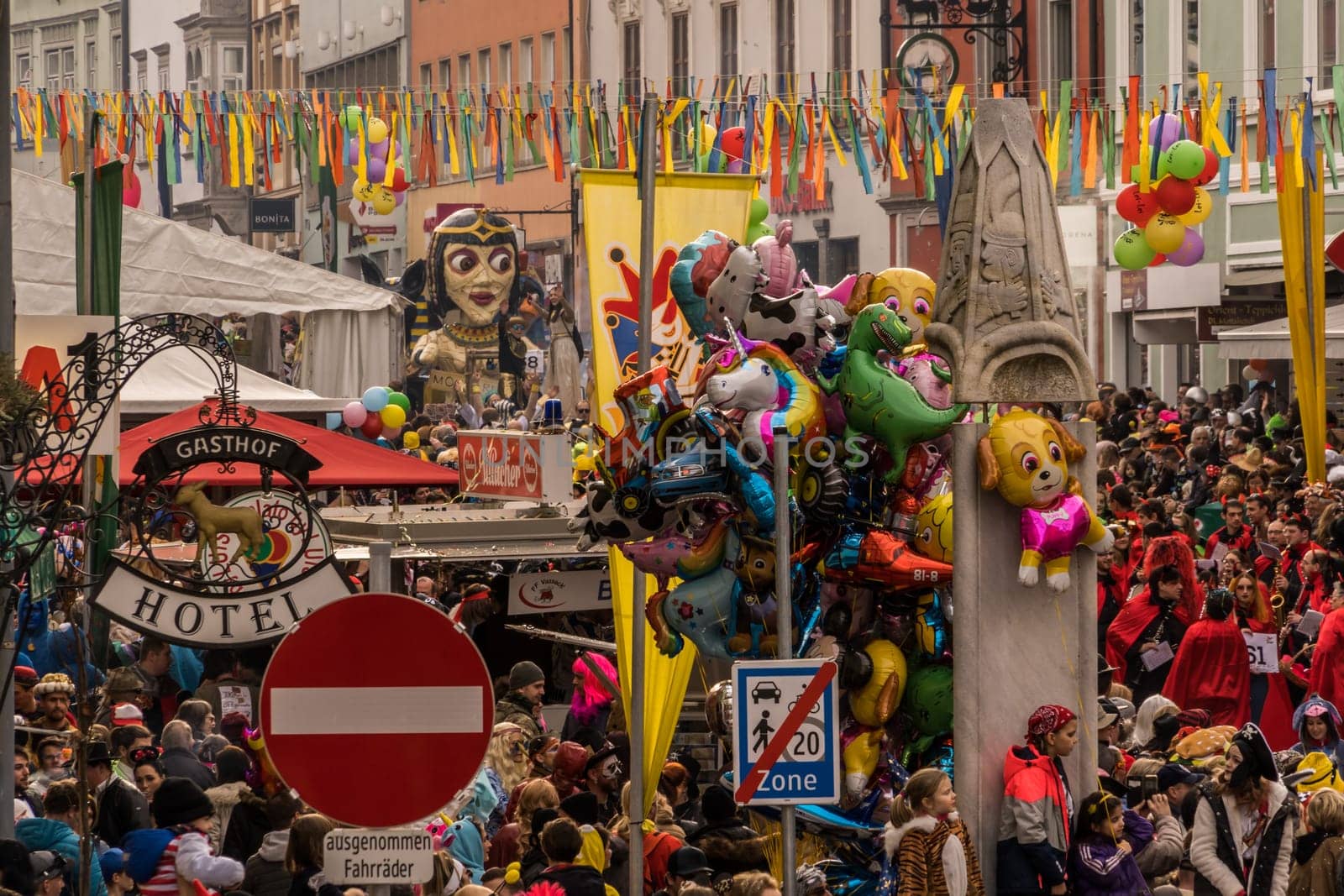 Villach, Austria - February  21st, 2020: The traditional Carnival Procession in Villach attracted a huge number of participants and visitors gathered in a colorful crowd.