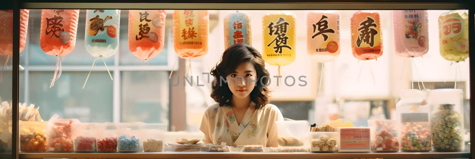 A young Japanese woman stands at a candy store bathed in soft sunlight, conveying warmth and comfort. It brings back memories of happy childhood times and can stimulate past Japanese culture.