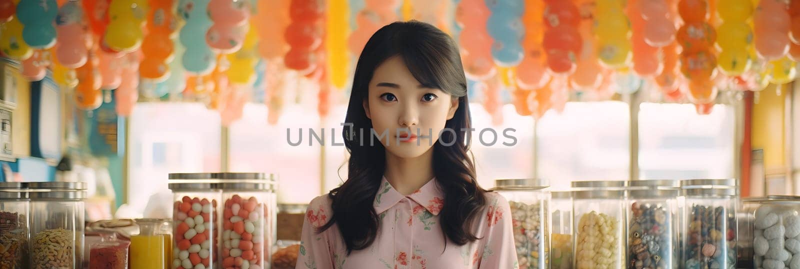 A young Japanese woman stands at a candy store bathed in soft sunlight, conveying warmth and comfort. It brings back memories of happy childhood times and can stimulate past Japanese culture.