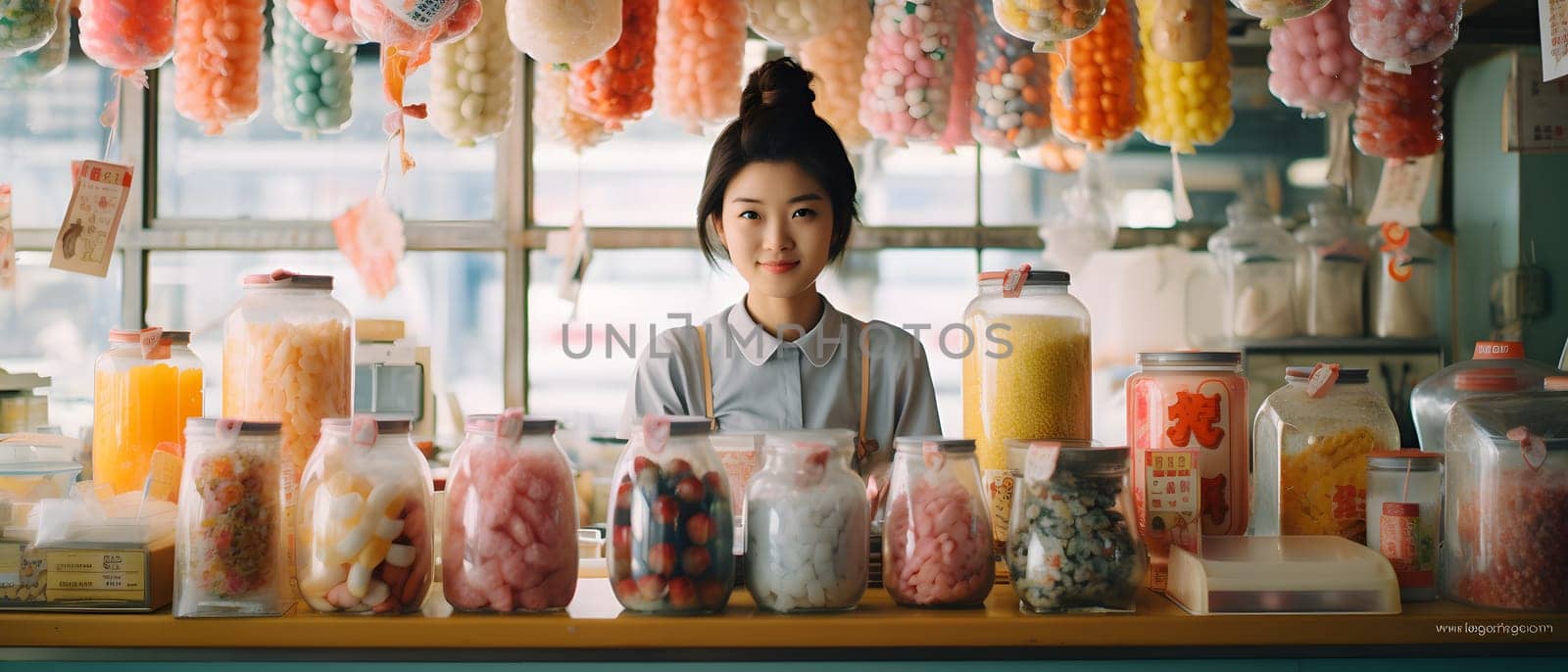 A young Japanese woman stands at a candy store bathed in soft sunlight, conveying warmth and comfort. It brings back memories of happy childhood times and can stimulate past Japanese culture.