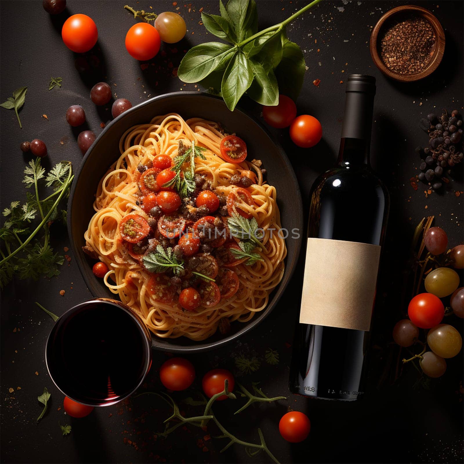 Gourmet pasta with tomato sauce, basil, wine on dark background.copy space