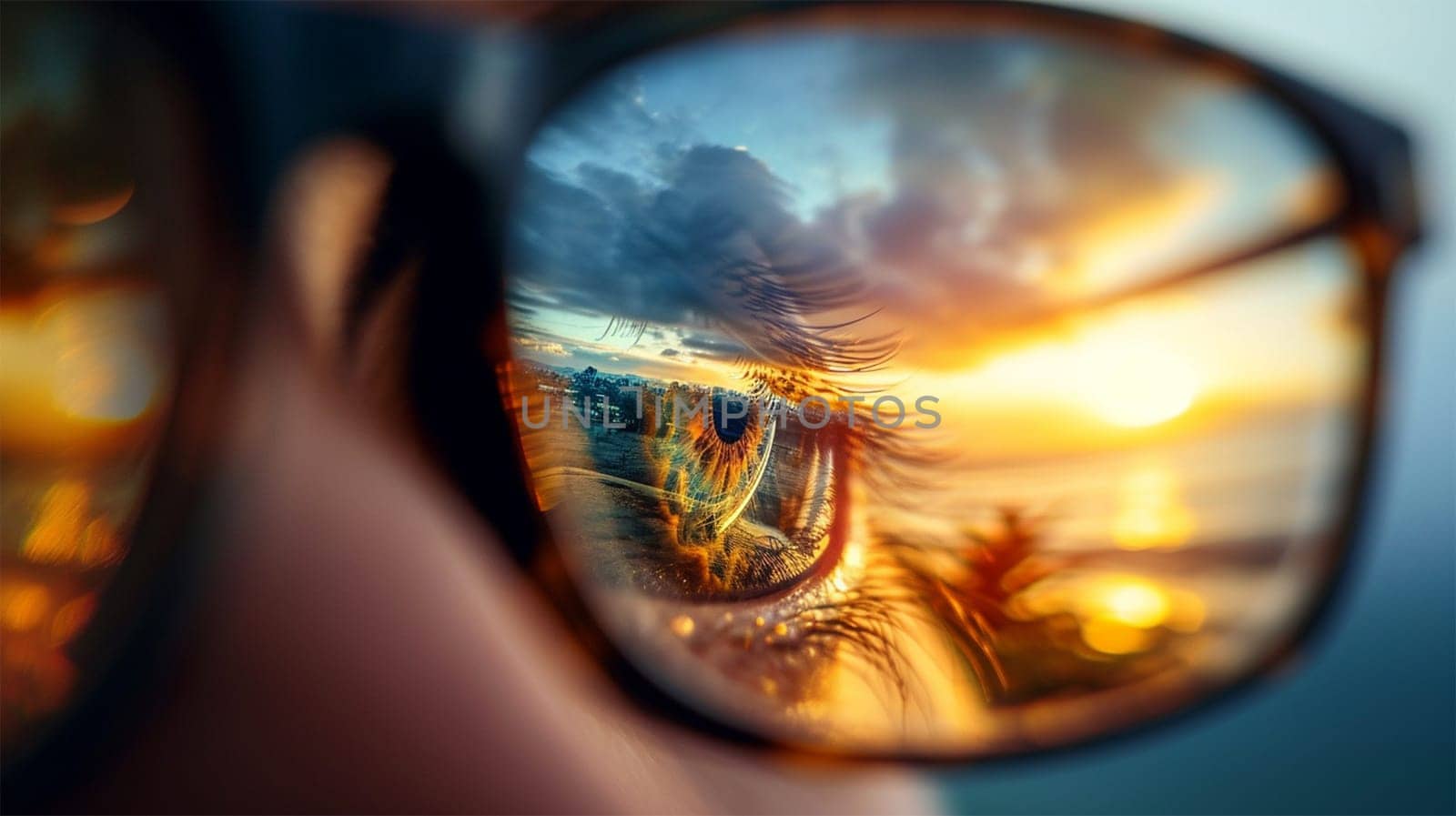 Close-up of a sunset reflected in eyewear.