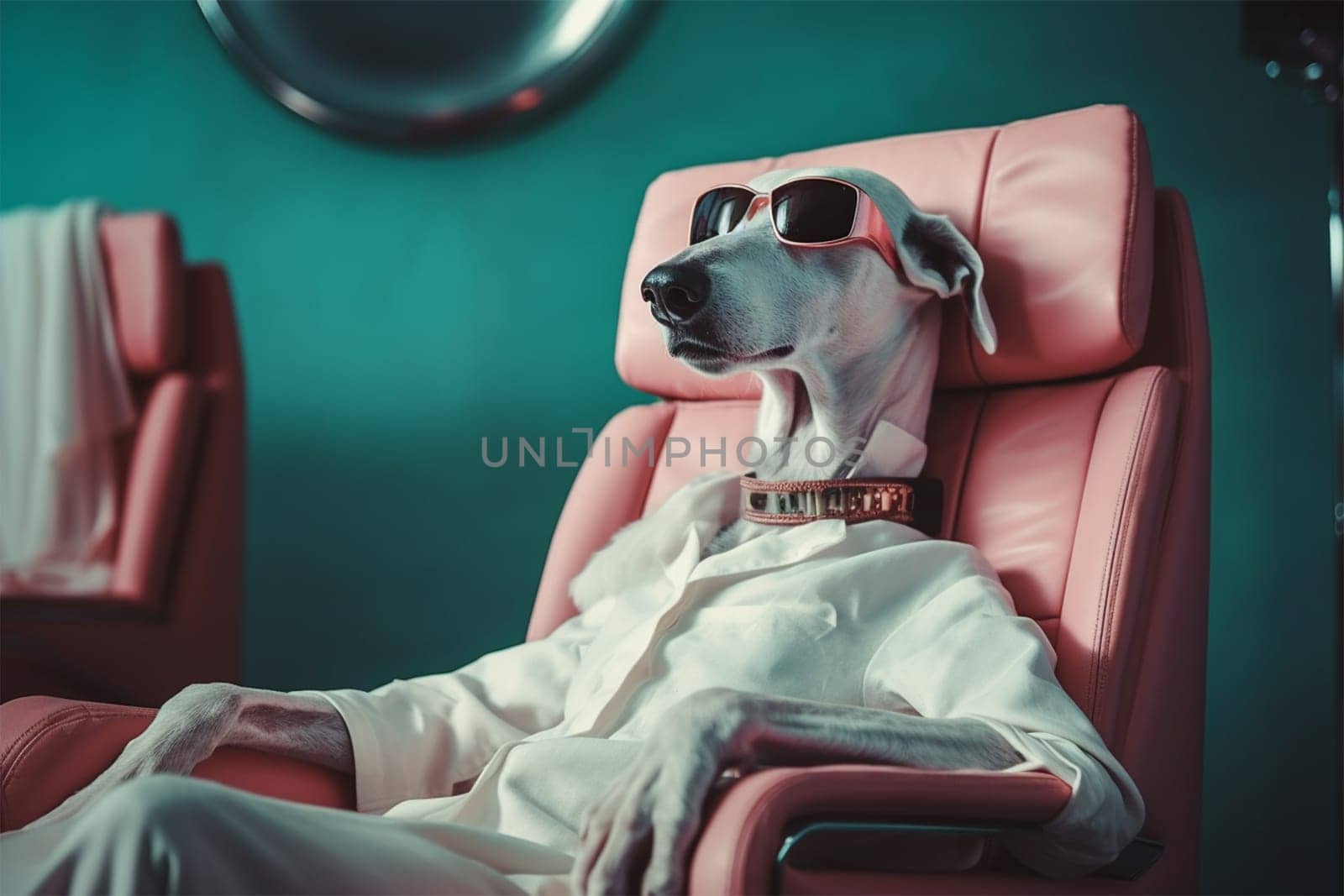 Adorable dog relaxing on a pink salon chair.