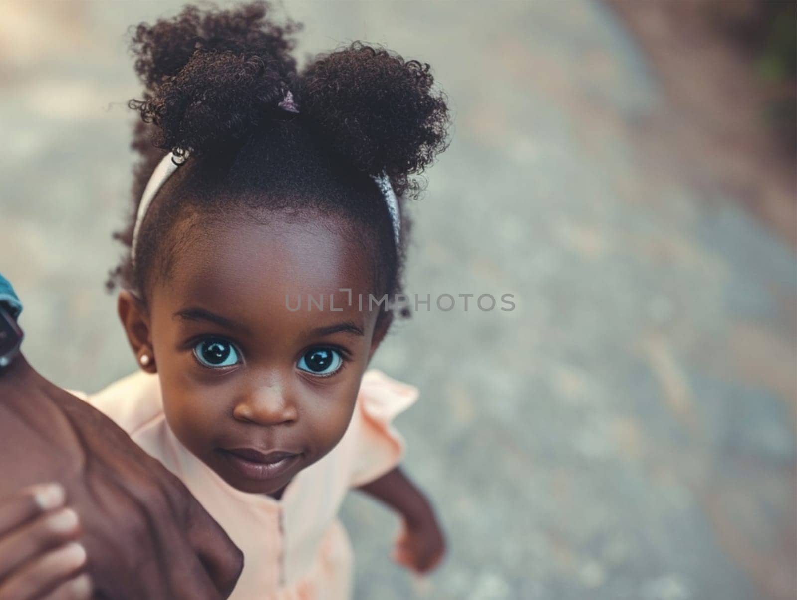 Portrait of a young African girl with charming eyes and pigtails, looking up and holding her father's hand.