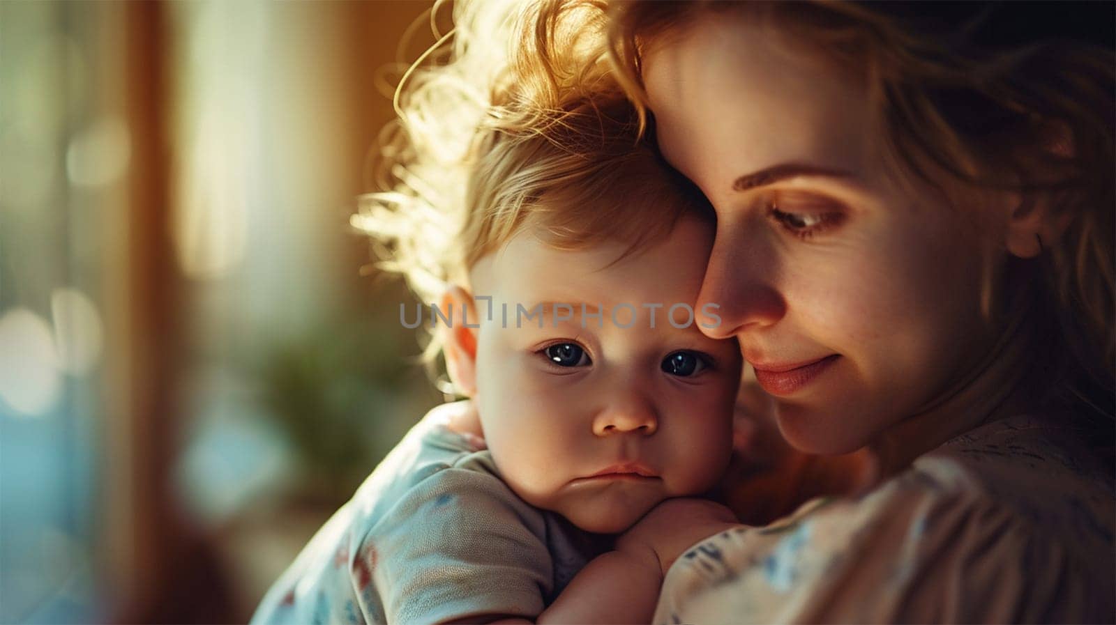 Maternal Embrace at Dawn. A tender moment as a mother cradles her sleeping baby in the soft morning light.