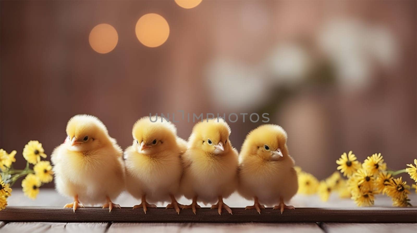 Four little fluffy chickens sitting on a wooden surface against a blurred background.easter concept, copy space