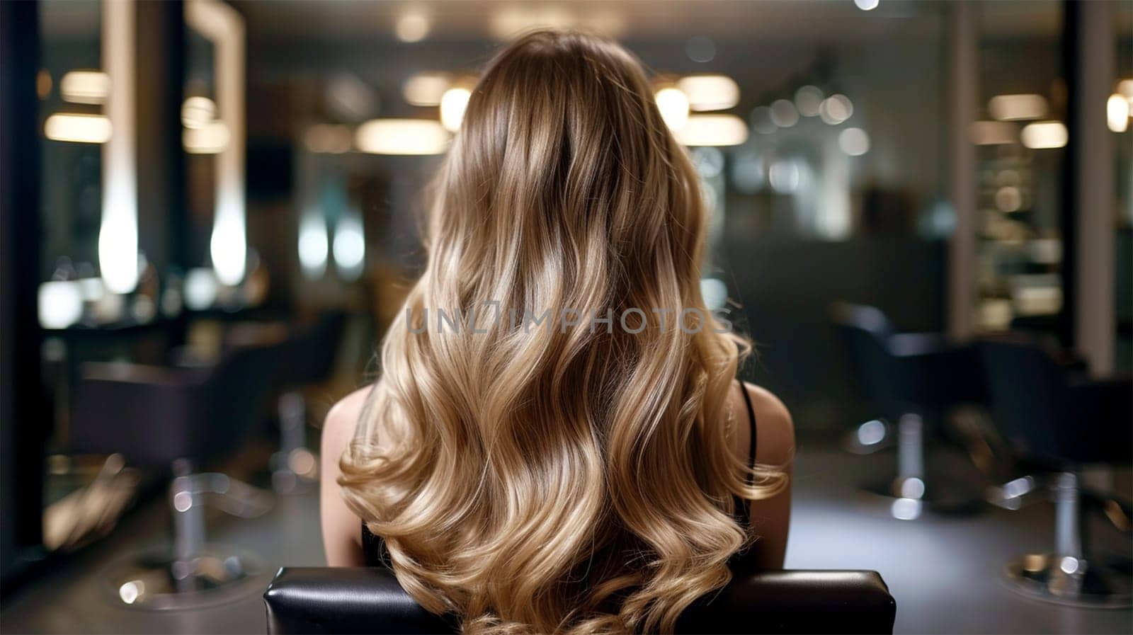 Woman's shiny wavy hair styled at a beauty salon.