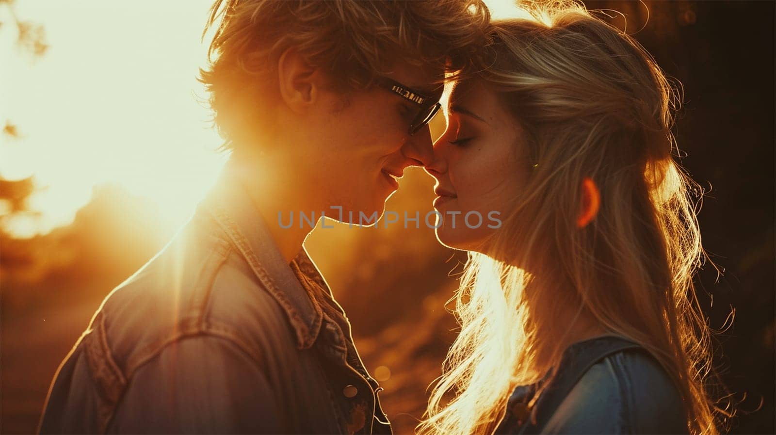 Silhouetted couple about to kiss with the sun setting behind them.