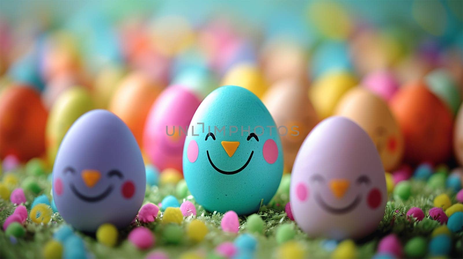 Colorful Easter eggs with cute faces on a festive background.
