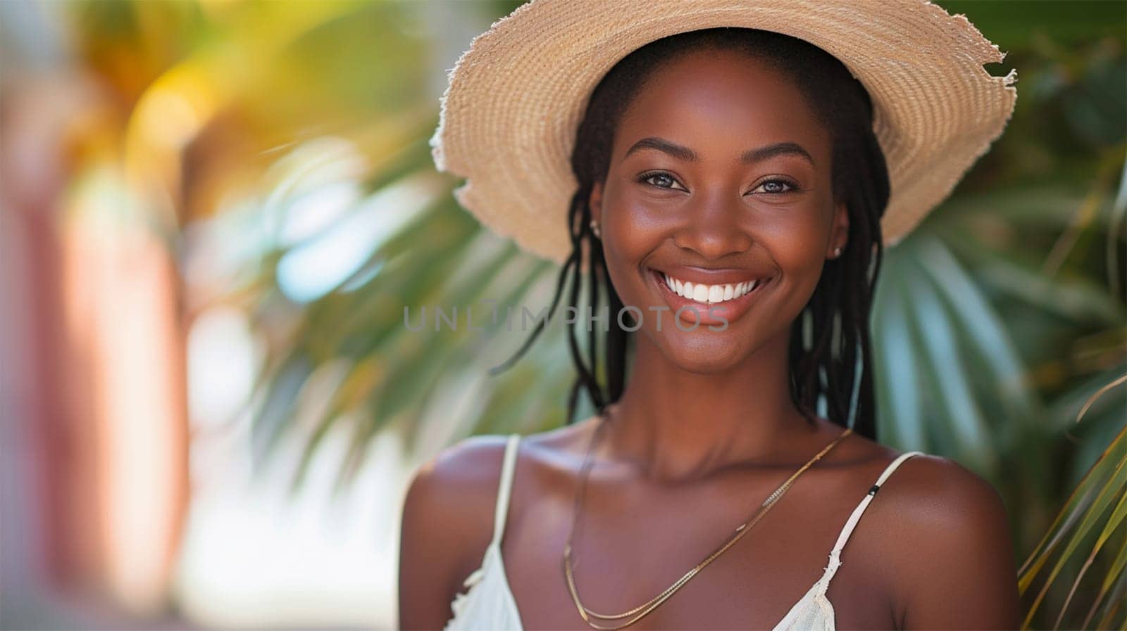Joyful woman with sunhat smiling outdoors.
