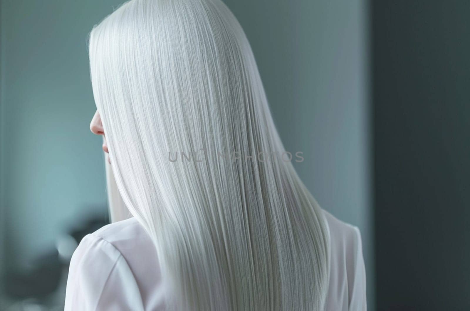 Silky smooth, straight silver hair of a woman.Sleek Silver Hair Elegance.
