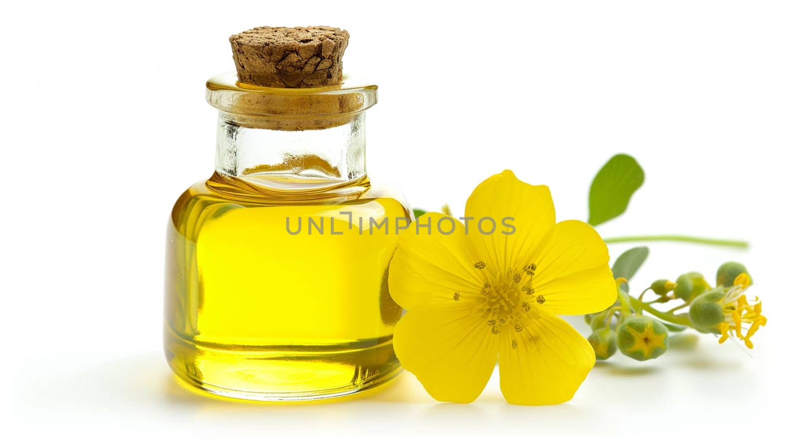 Essential oil in a bottle and blooming yellow flowers isolated on a white background .
