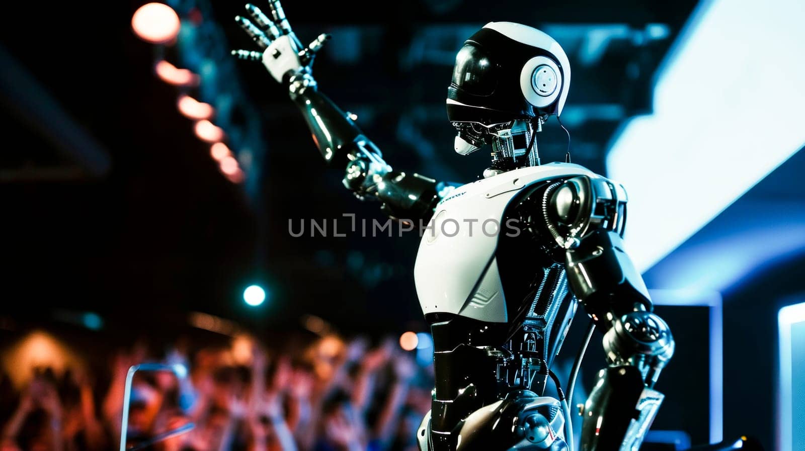 Robot Speaker at Tech Conference. A humanoid robot with a raised hand on stage at a technology event.