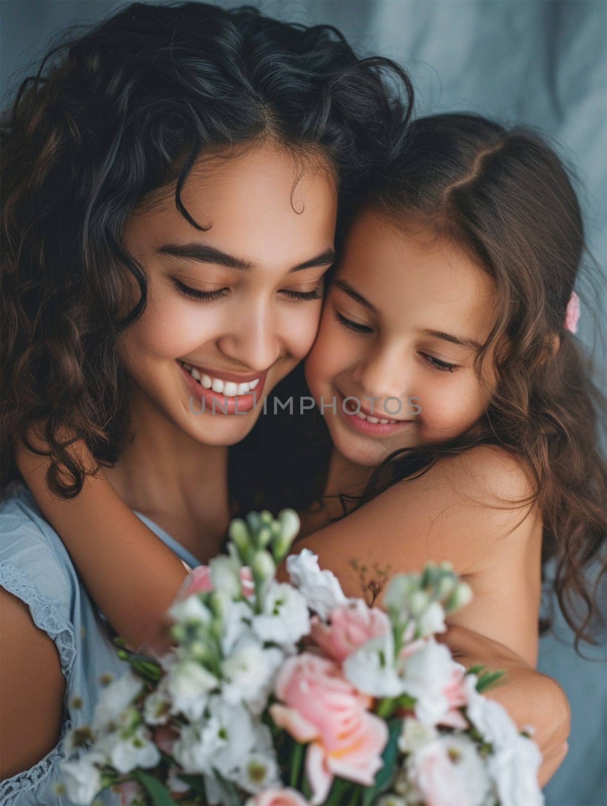 Smiling mother and child cuddling with a bouquet of flowers. mother's day