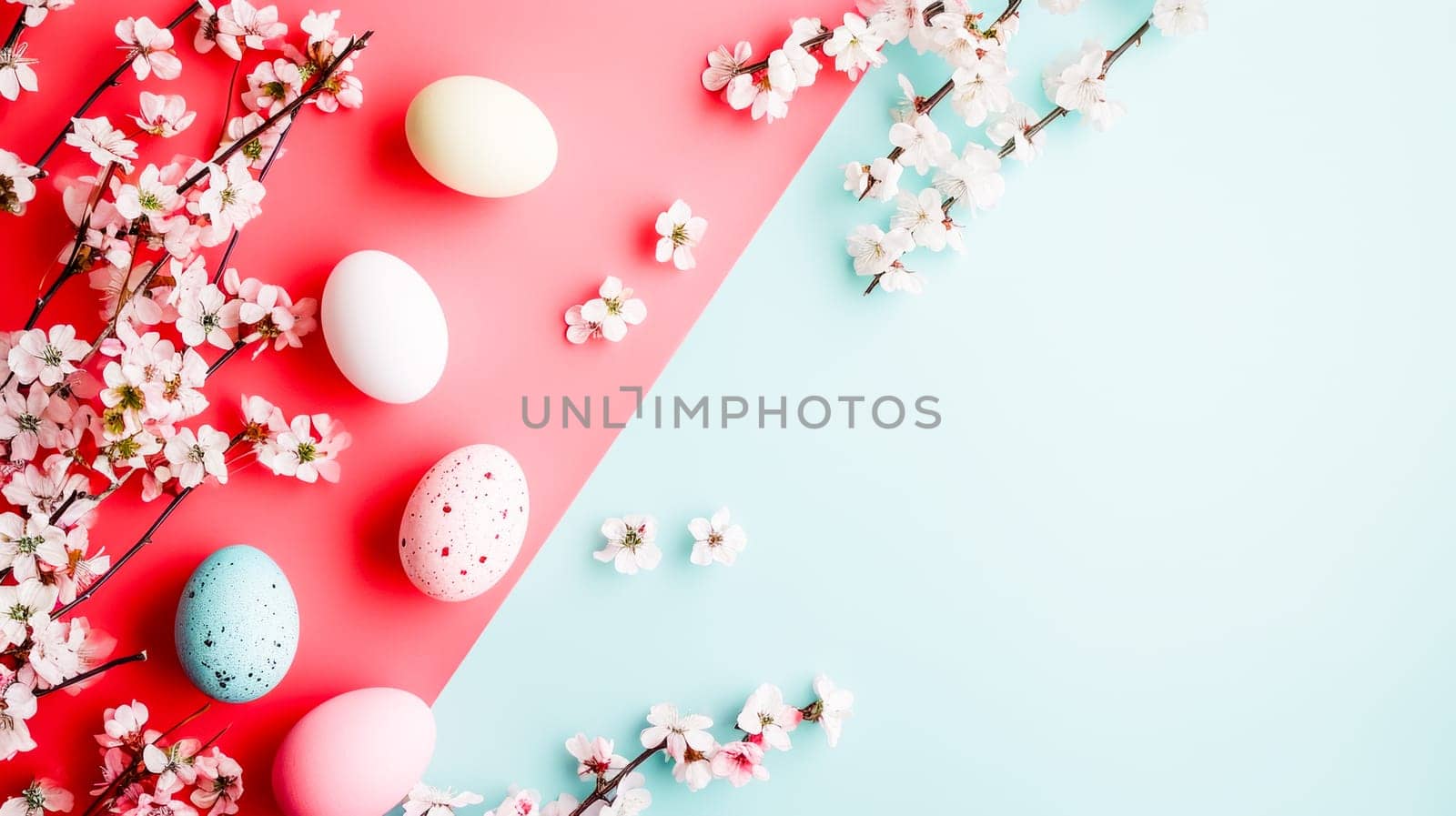 Easter eggs and cherry blossoms in pastel colors on a two-tone pink and blue background, space for text