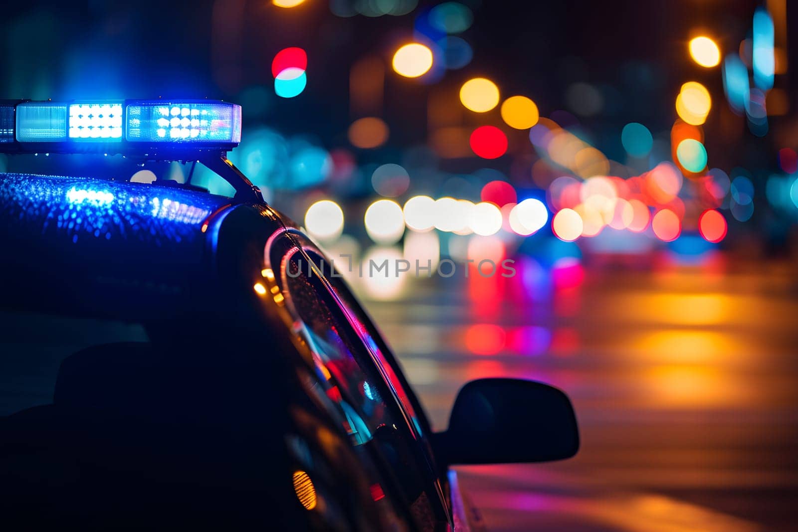police car lights at night in city street with selective focus and bokeh. Neural network generated image. Not based on any actual person or scene.