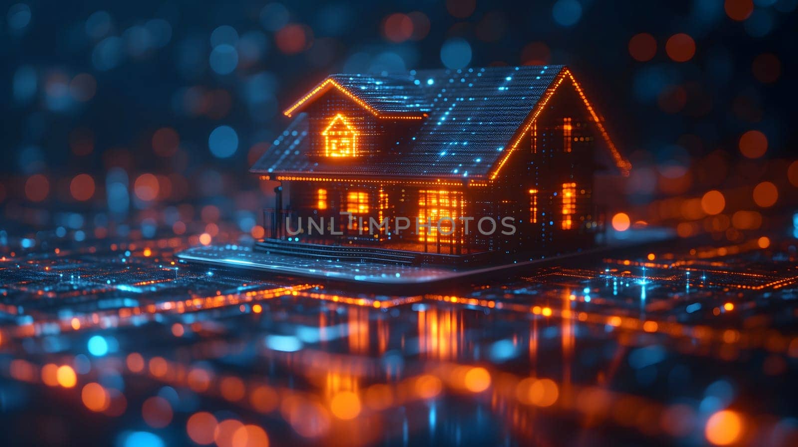 house hologram over cellphone in futuristic digital background. Neural network generated image. Not based on any actual person or scene.