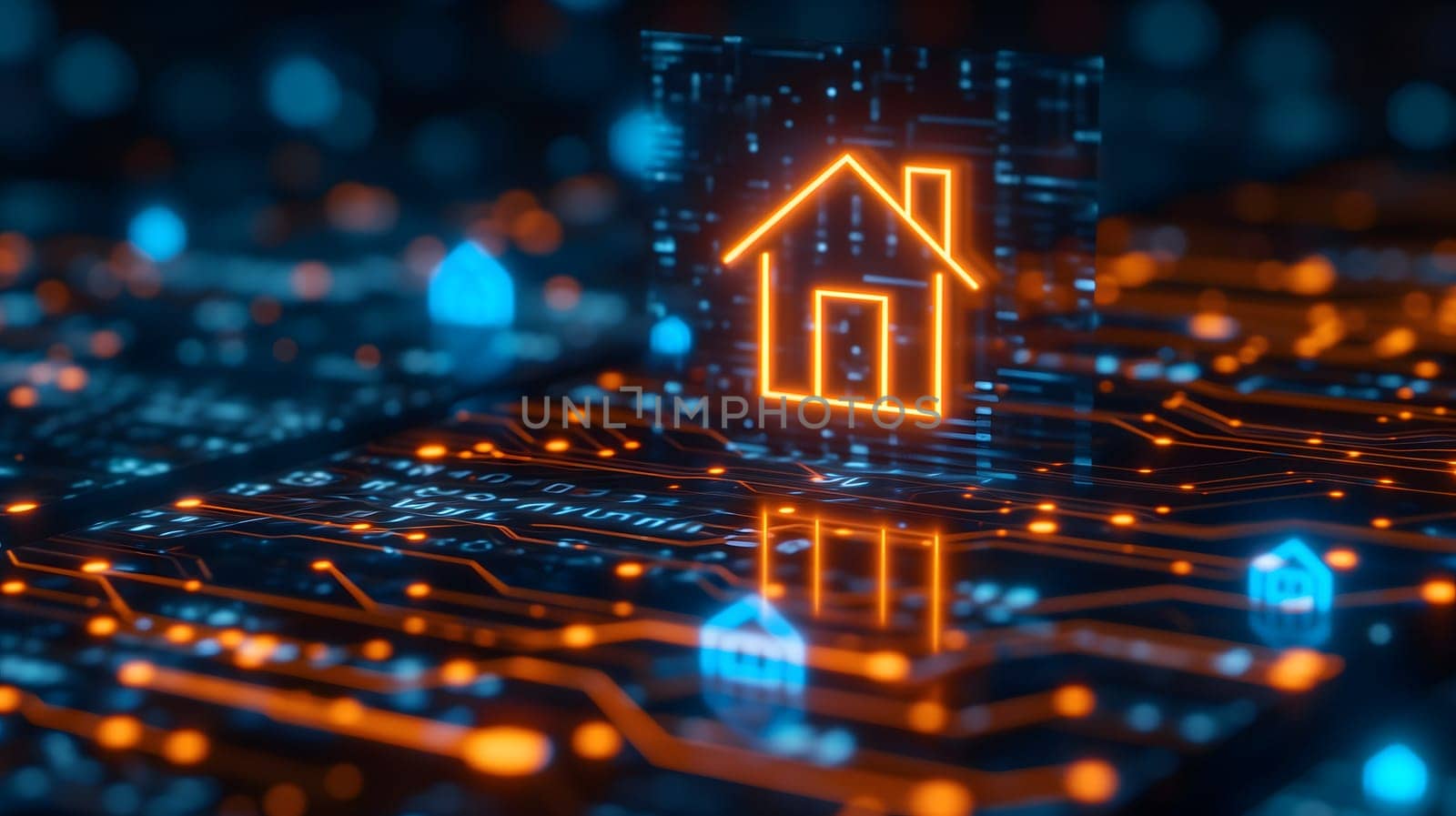 house hologram in futuristic digital background. Neural network generated image. Not based on any actual person or scene.