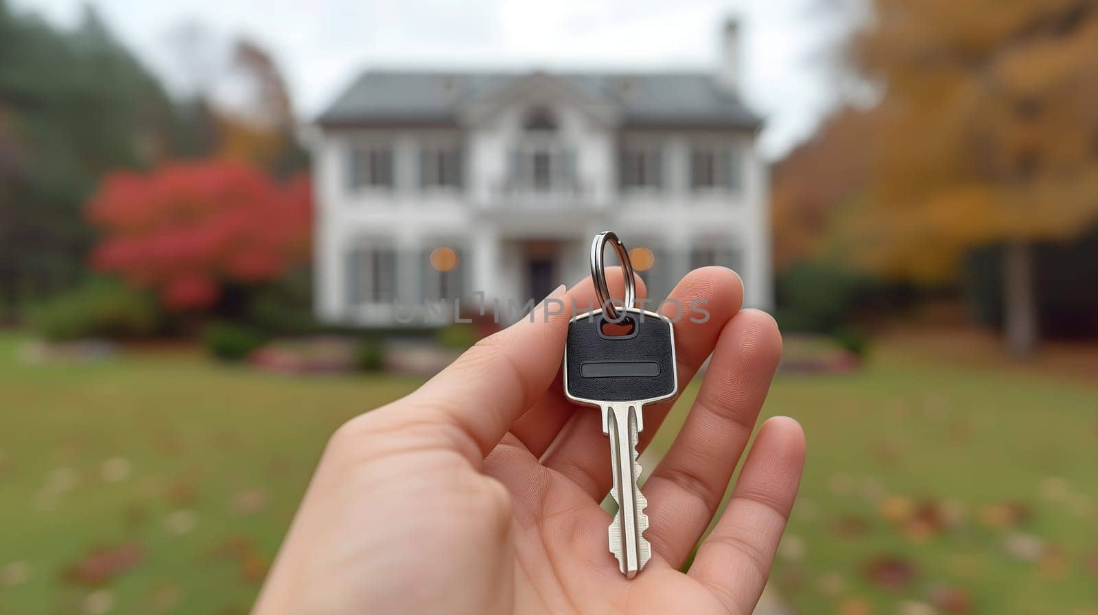 Caucasian hand holding keys in front of new house. Neural network generated image. Not based on any actual person or scene.