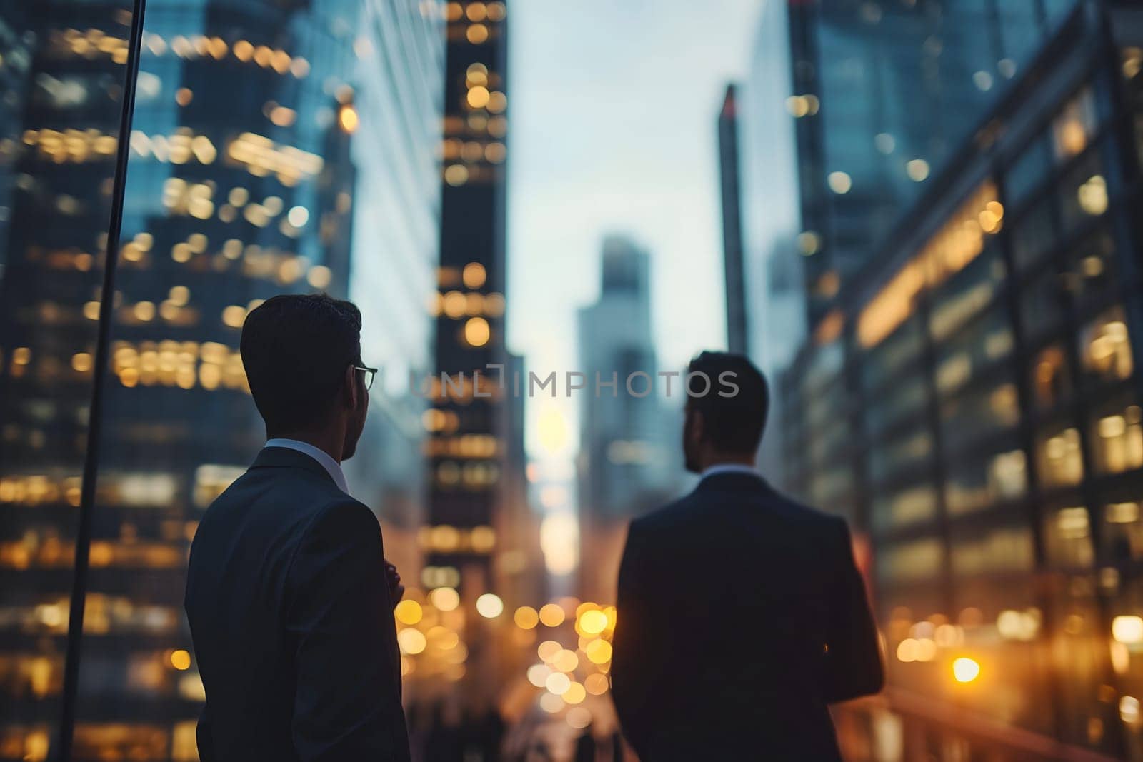 Close up abstract business background with businessmen navigating the cityscape, Interacting and collaborating. Neural network generated image. Not based on any actual person or scene.