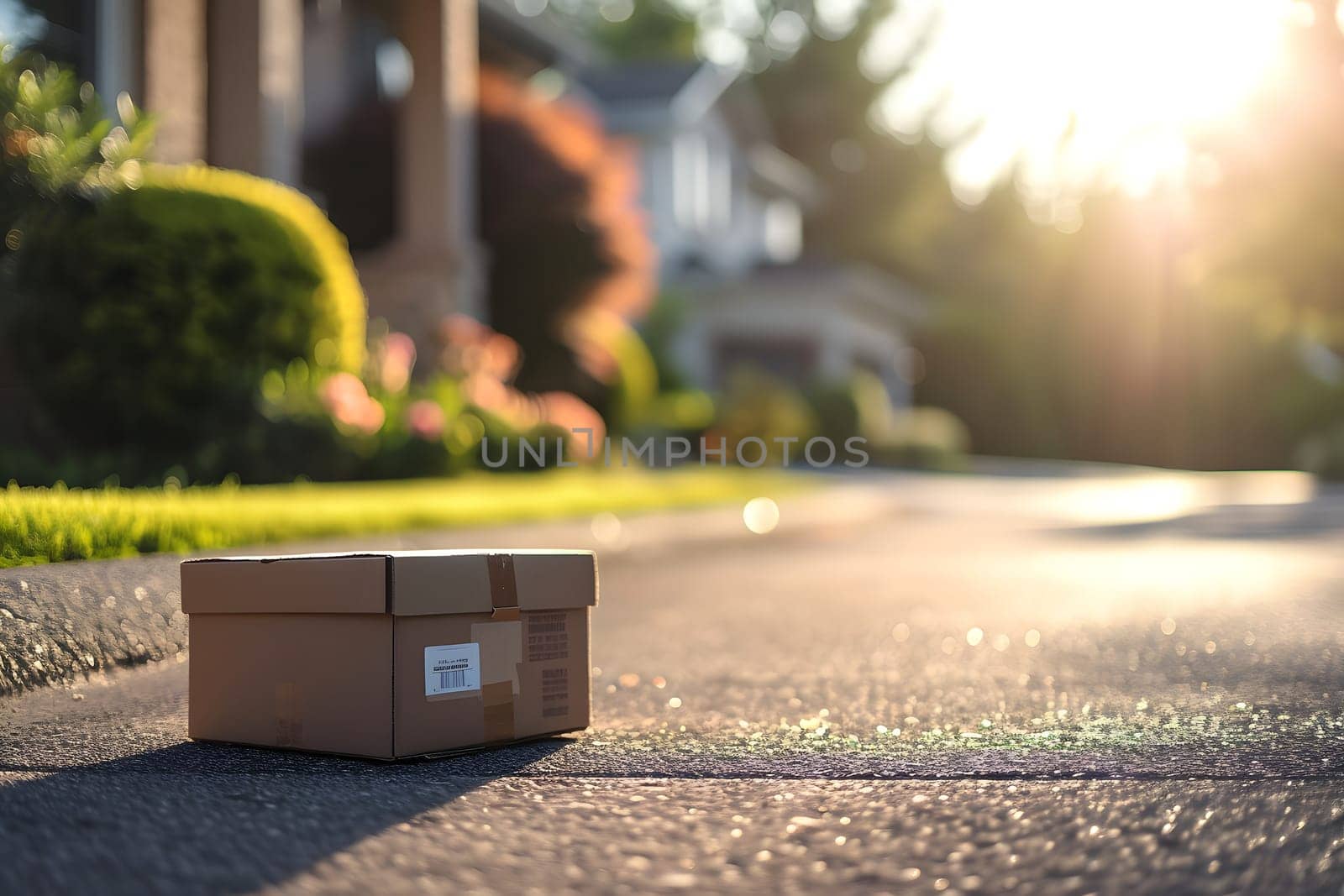 Cardboard box in front of residential home entrance at sunny day. Neural network generated image. Not based on any actual person or scene.