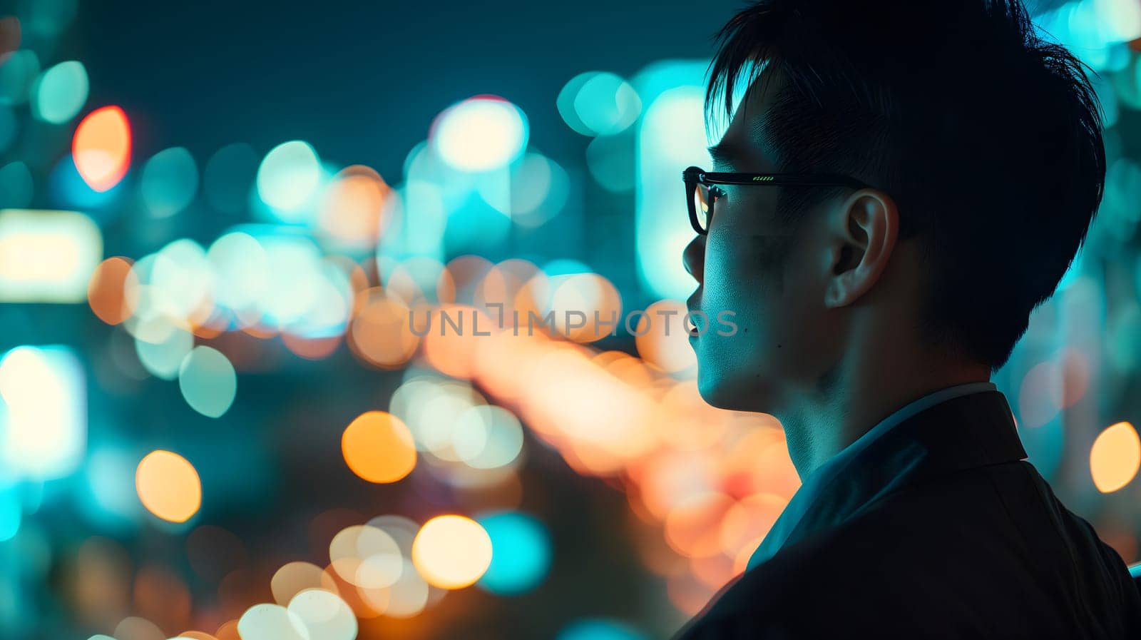 Close up of a young successful Asian business man looking at the night city with professional cinematic light. Neural network generated image. Not based on any actual person or scene.