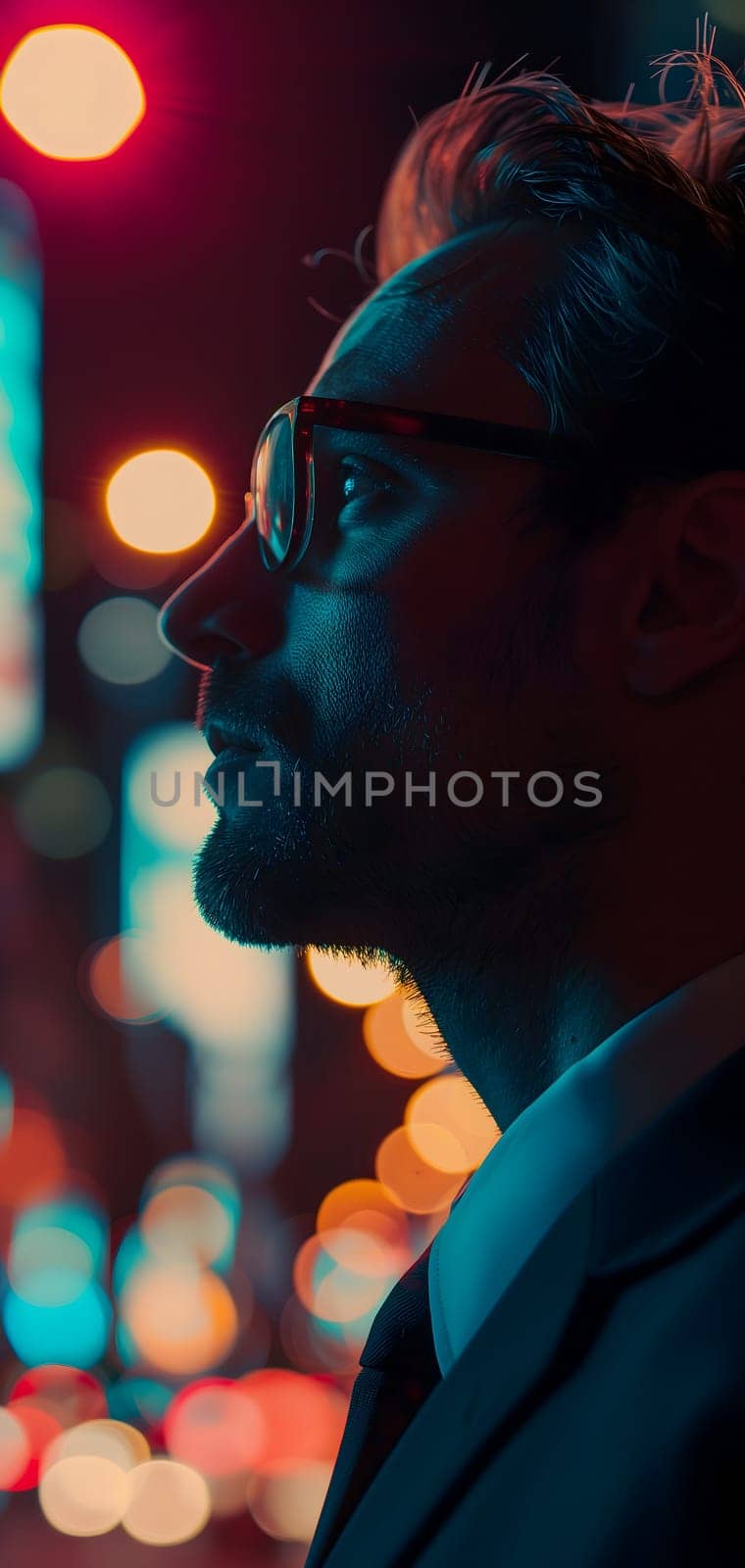 Close up of a young successful Caucasian business man looking at the night city with professional cinematic light. Neural network generated image. Not based on any actual person or scene.