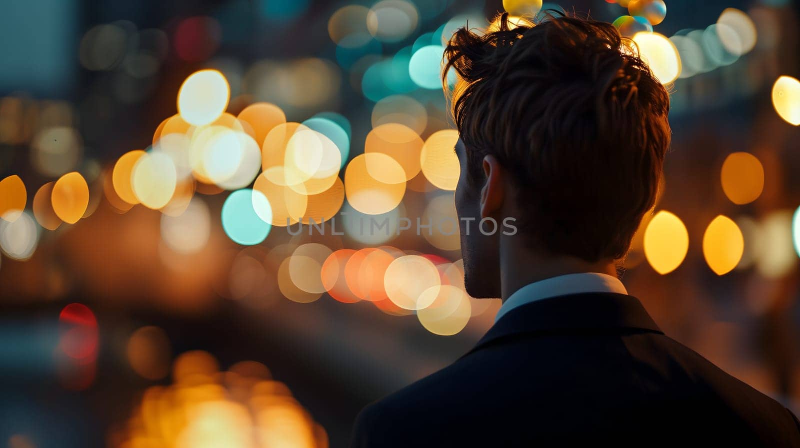 Close up of a young successful Caucasian business man looking at the night city with professional cinematic light. Neural network generated image. Not based on any actual person or scene.