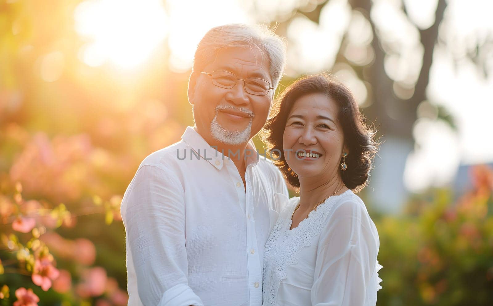 senior heterosexual Asian couple in beautiful spring nature. Neural network generated image. Not based on any actual scene or pattern.
