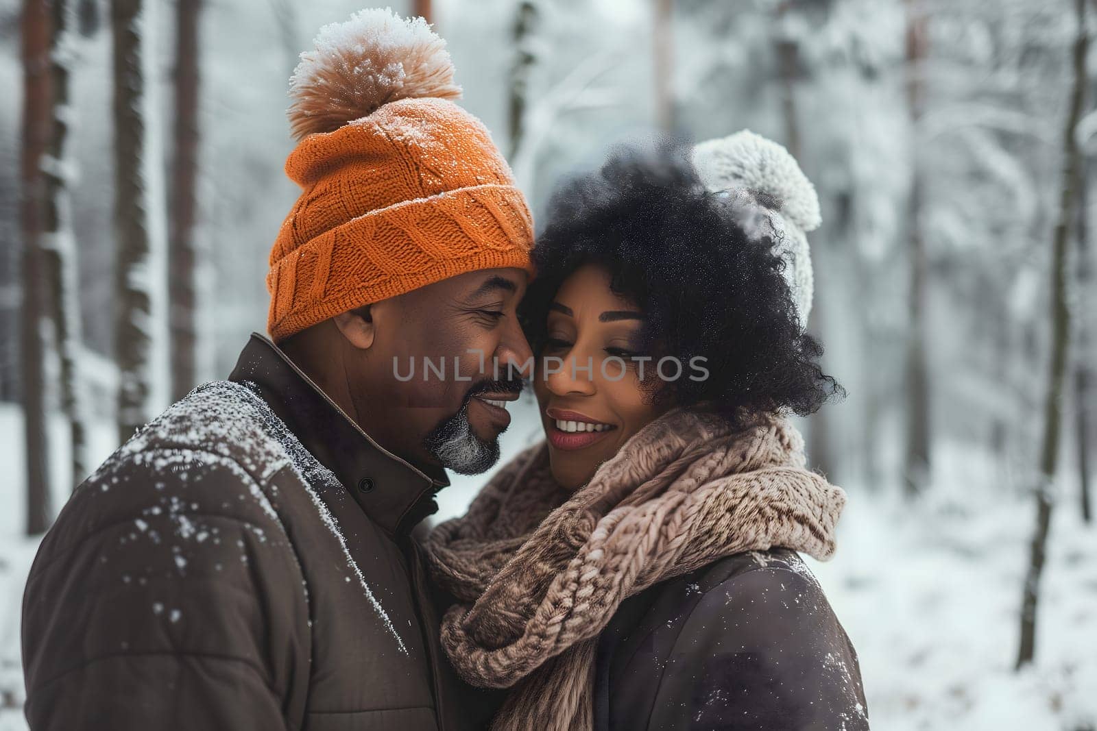 Young adult heterosexual African American couple in beautiful snowy winter nature. Neural network generated image. Not based on any actual scene or pattern.