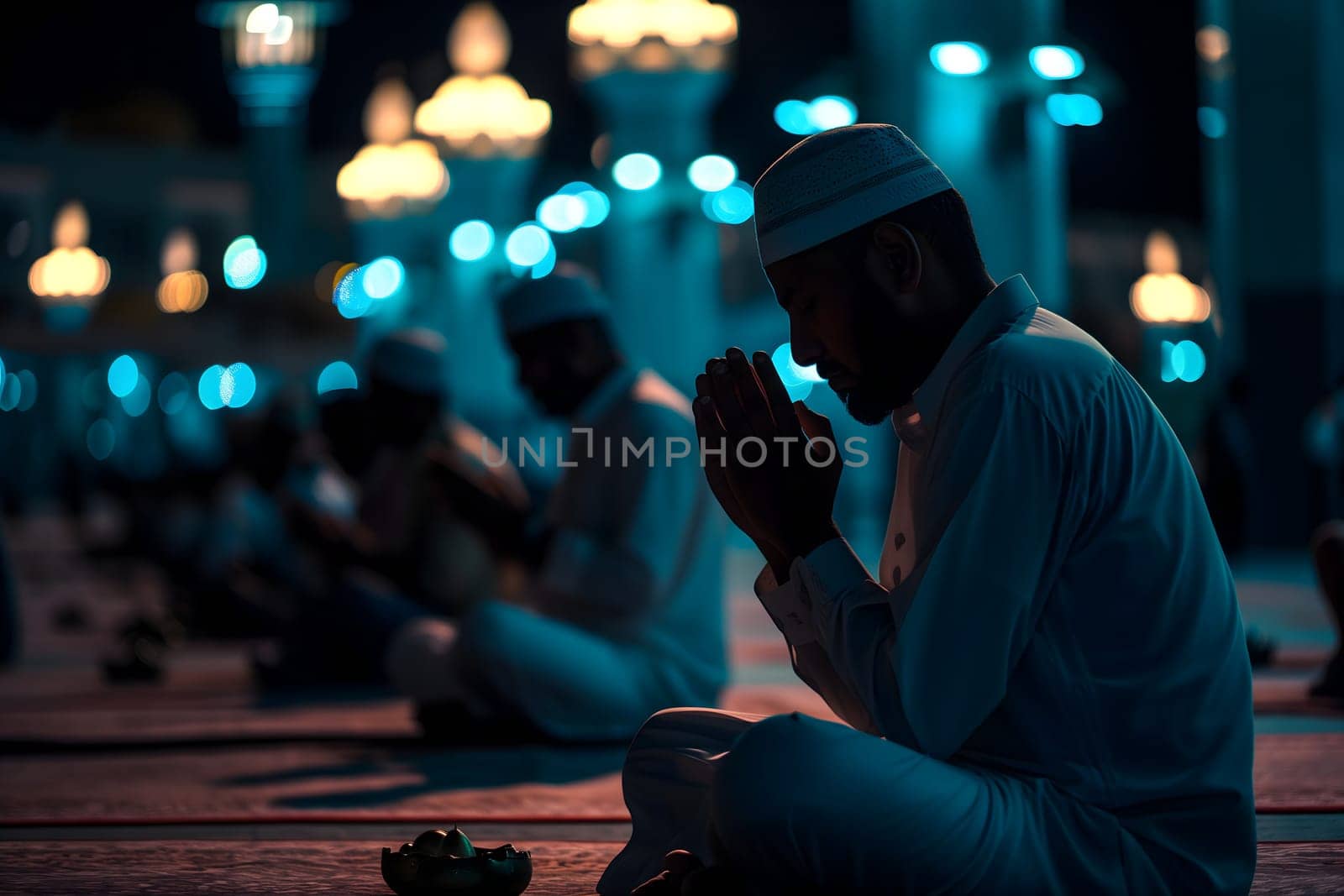 Muslim prayers in white clothes sitting in front of mosque at Ramadan night with selective focus. Neural network generated in January 2024. Not based on any actual scene or pattern.