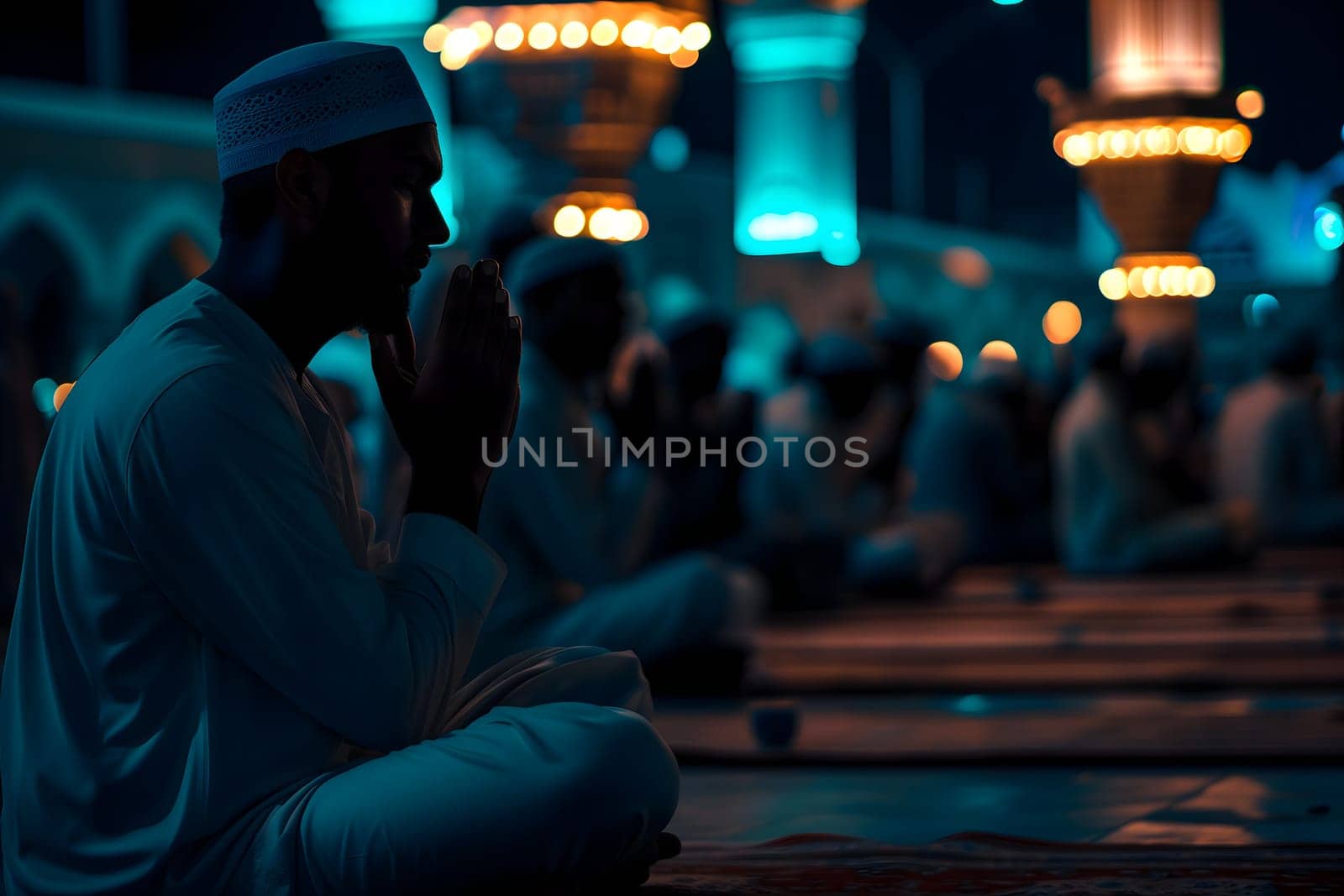 Muslim prayers in white clothes sitting in front of mosque at Ramadan night with selective focus. Neural network generated in January 2024. Not based on any actual scene or pattern.