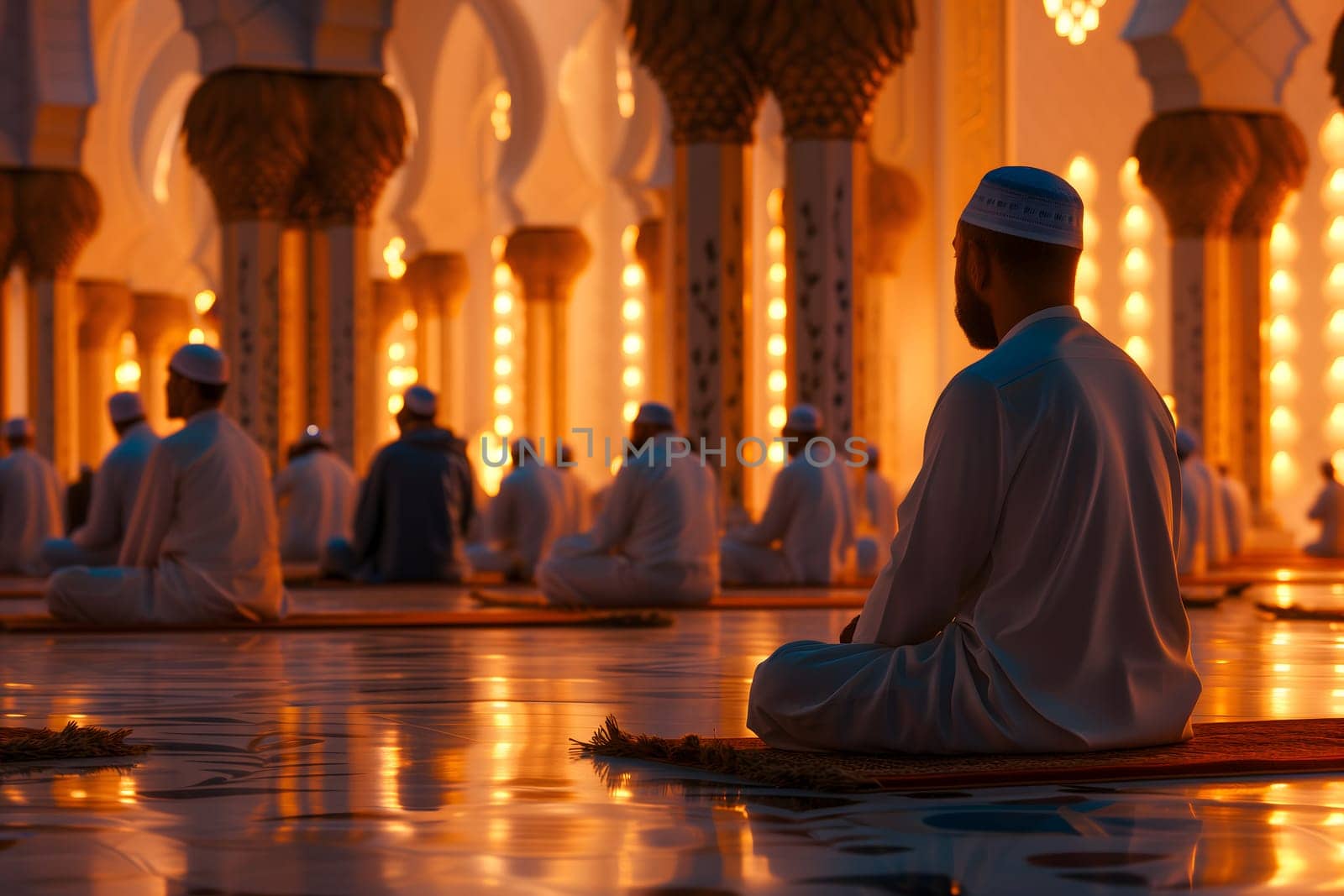 Muslim prayers in white clothes sitting in a mosque at Ramadan night with selective focus. Neural network generated in January 2024. Not based on any actual scene or pattern.