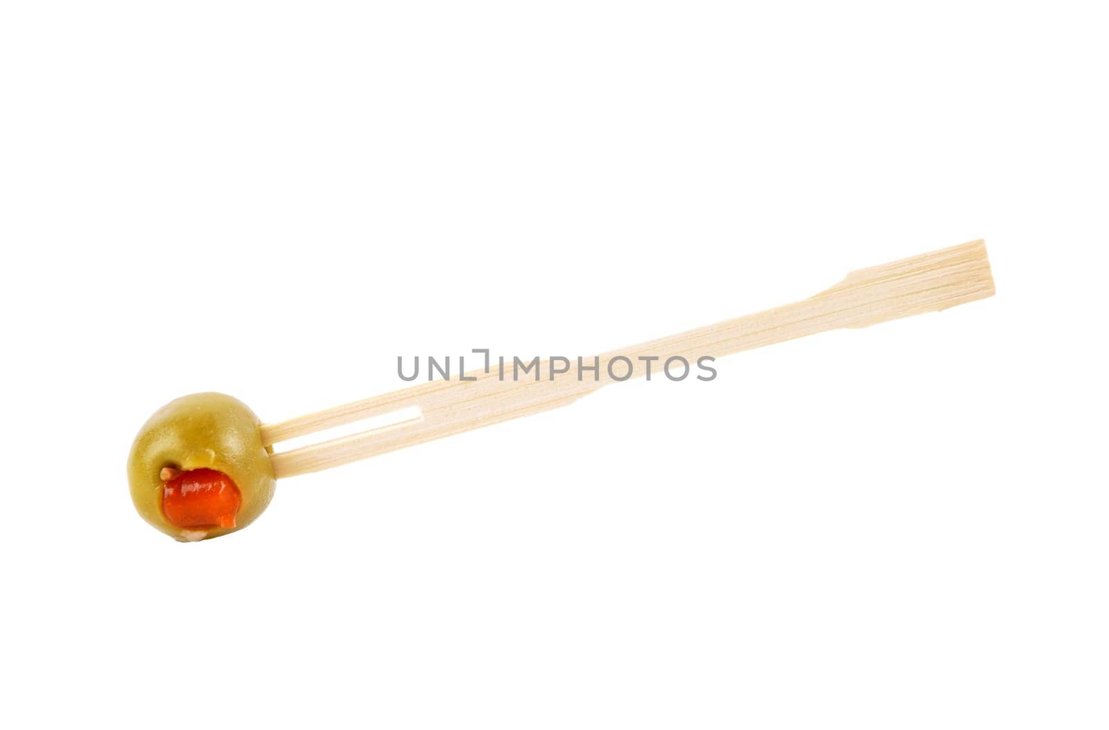 Olive with paprika on wooden skewer isolated on white background