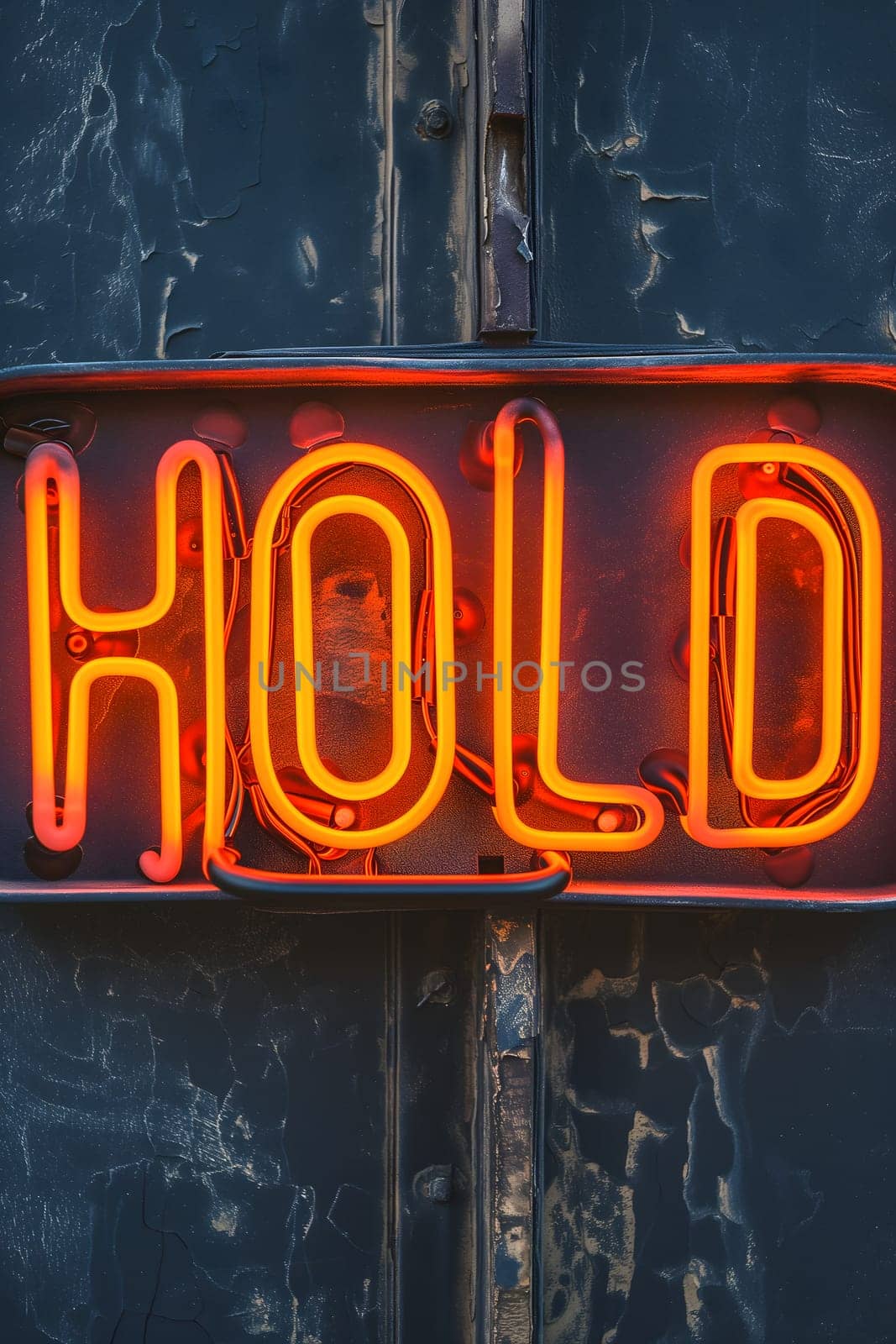 Neon inscription hold on dark shabby wall. Neural network generated image. Not based on any actual scene or pattern.