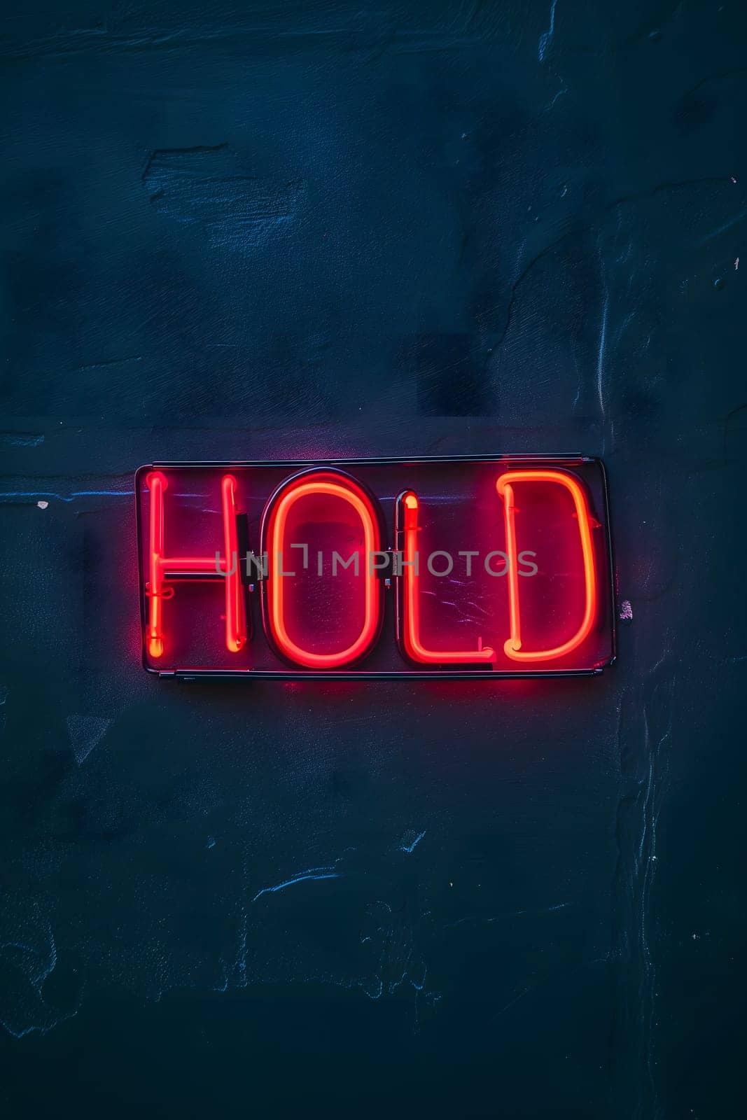 Neon inscription hold on dark shabby wall. Neural network generated image. Not based on any actual scene or pattern.