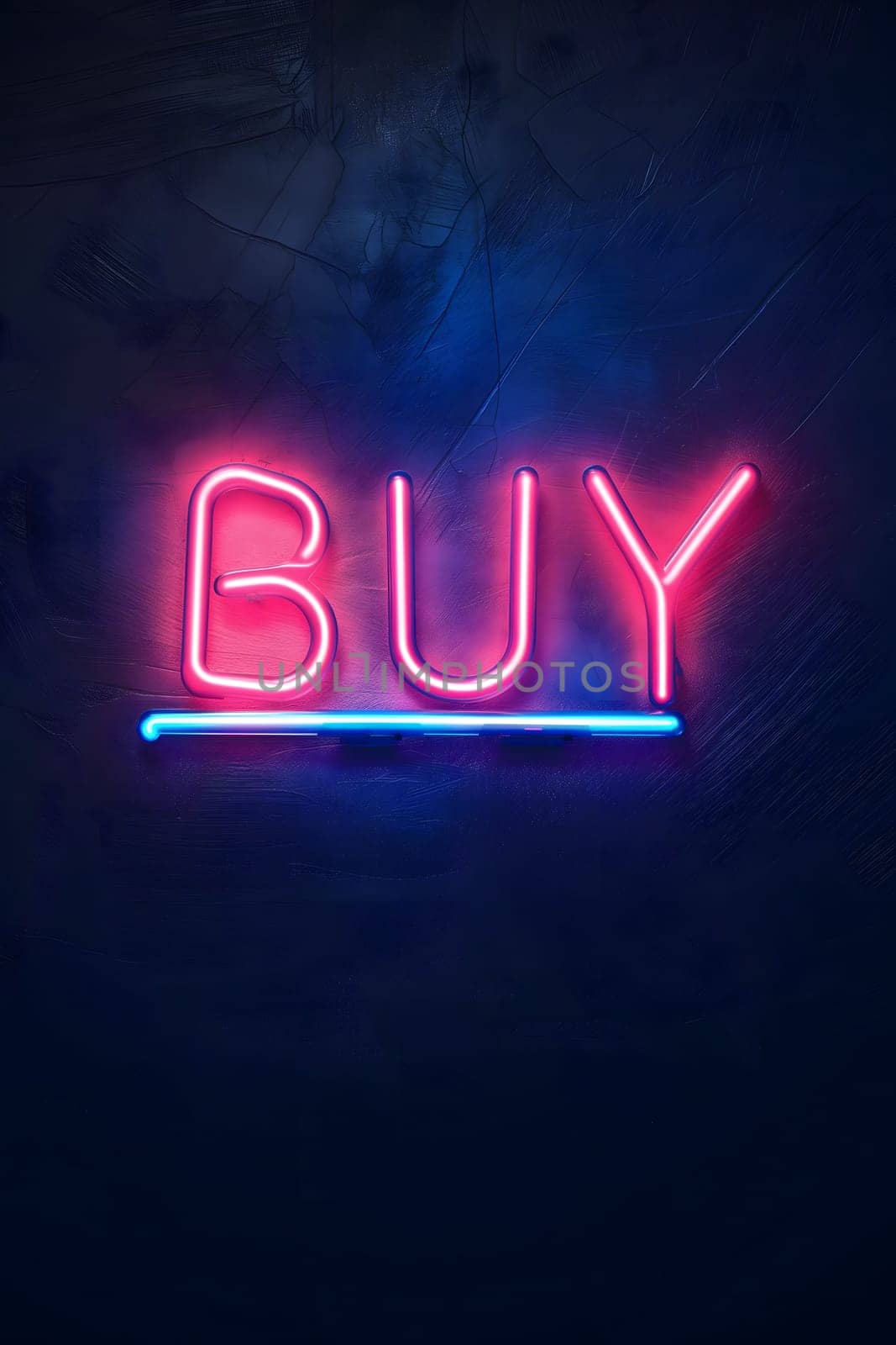 Neon inscription buy on dark shabby wall. Neural network generated image. Not based on any actual scene or pattern.