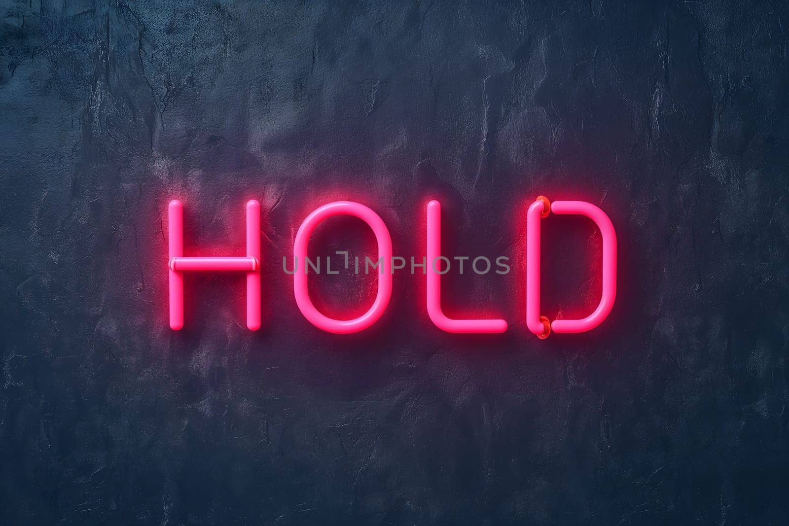 Neon inscription hold on dark shabby wall. Neural network generated image. Not based on any actual scene or pattern.