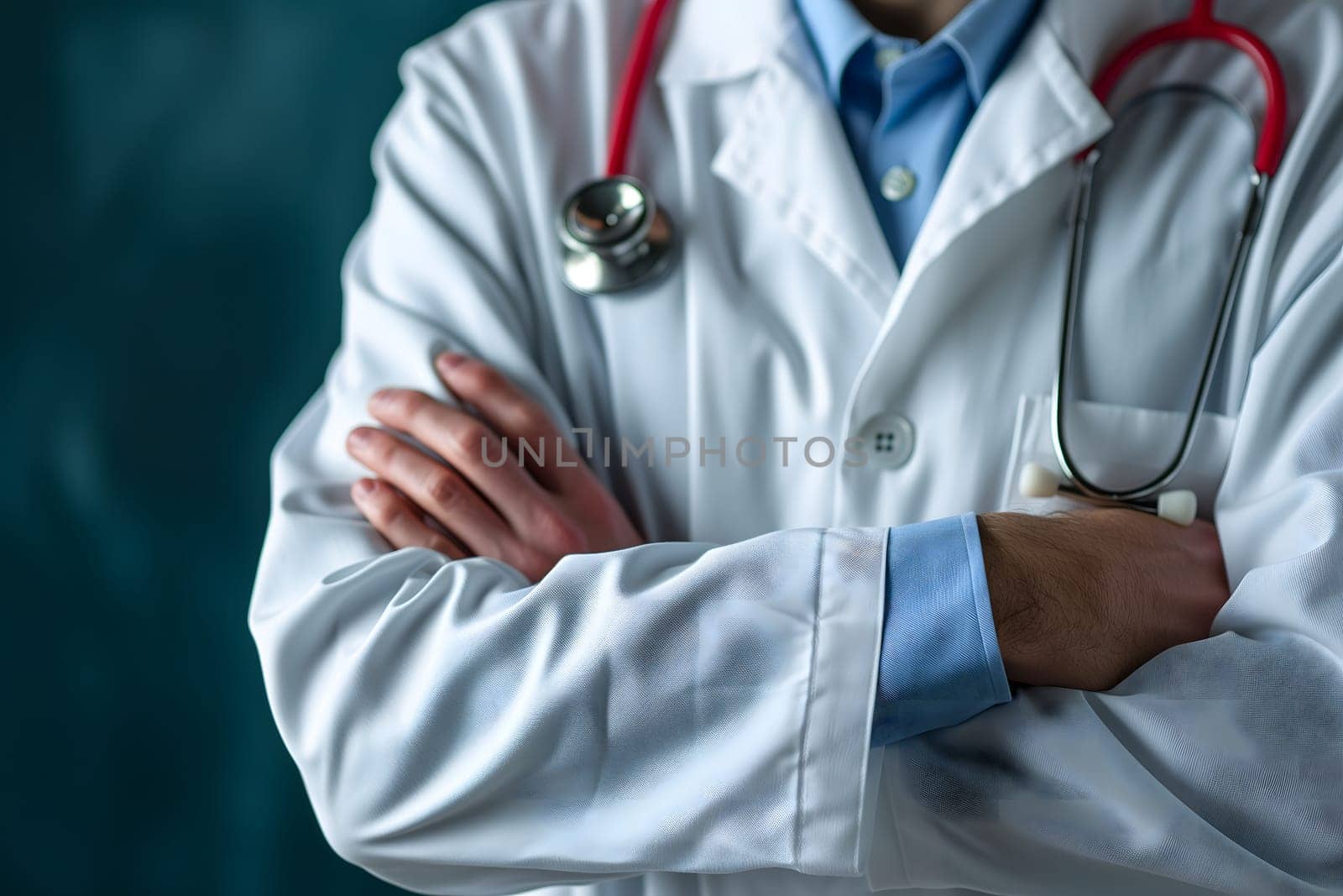 Abstract Medical Doctor, Symbolizing Compassion and Expertise asymmetrical composition with copy space. Neural network generated image. Not based on any actual scene or pattern.