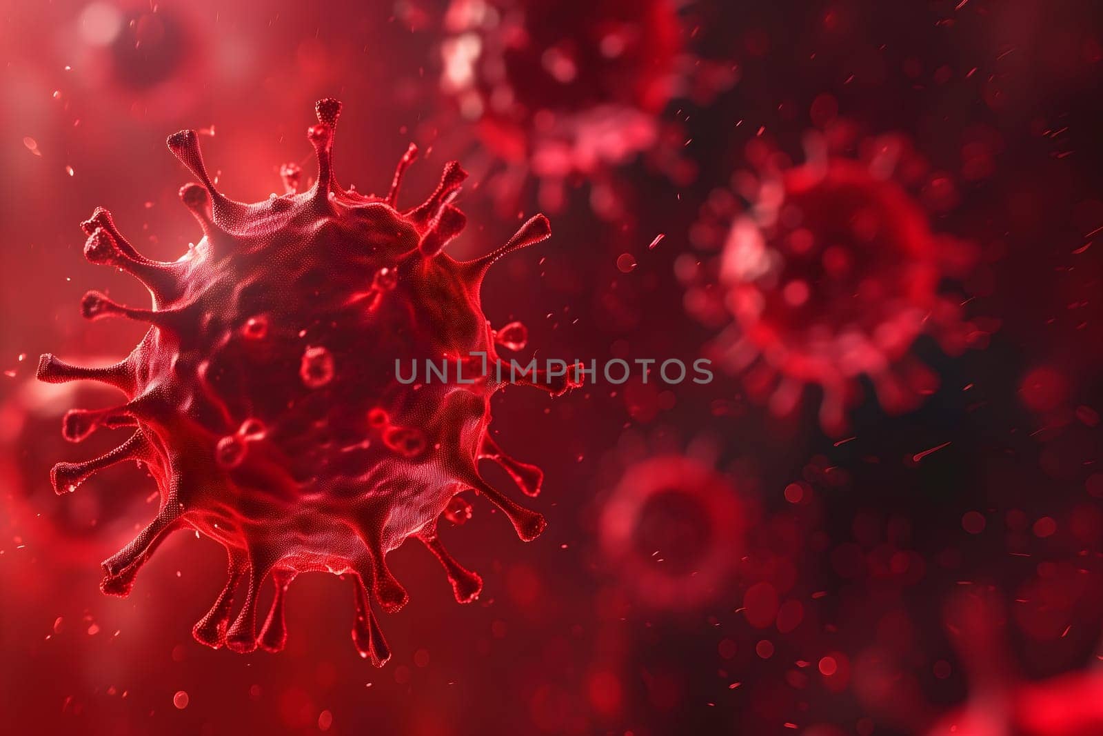 Red coronaviruses micro scene background. Neural network generated image. Not based on any actual scene or pattern.