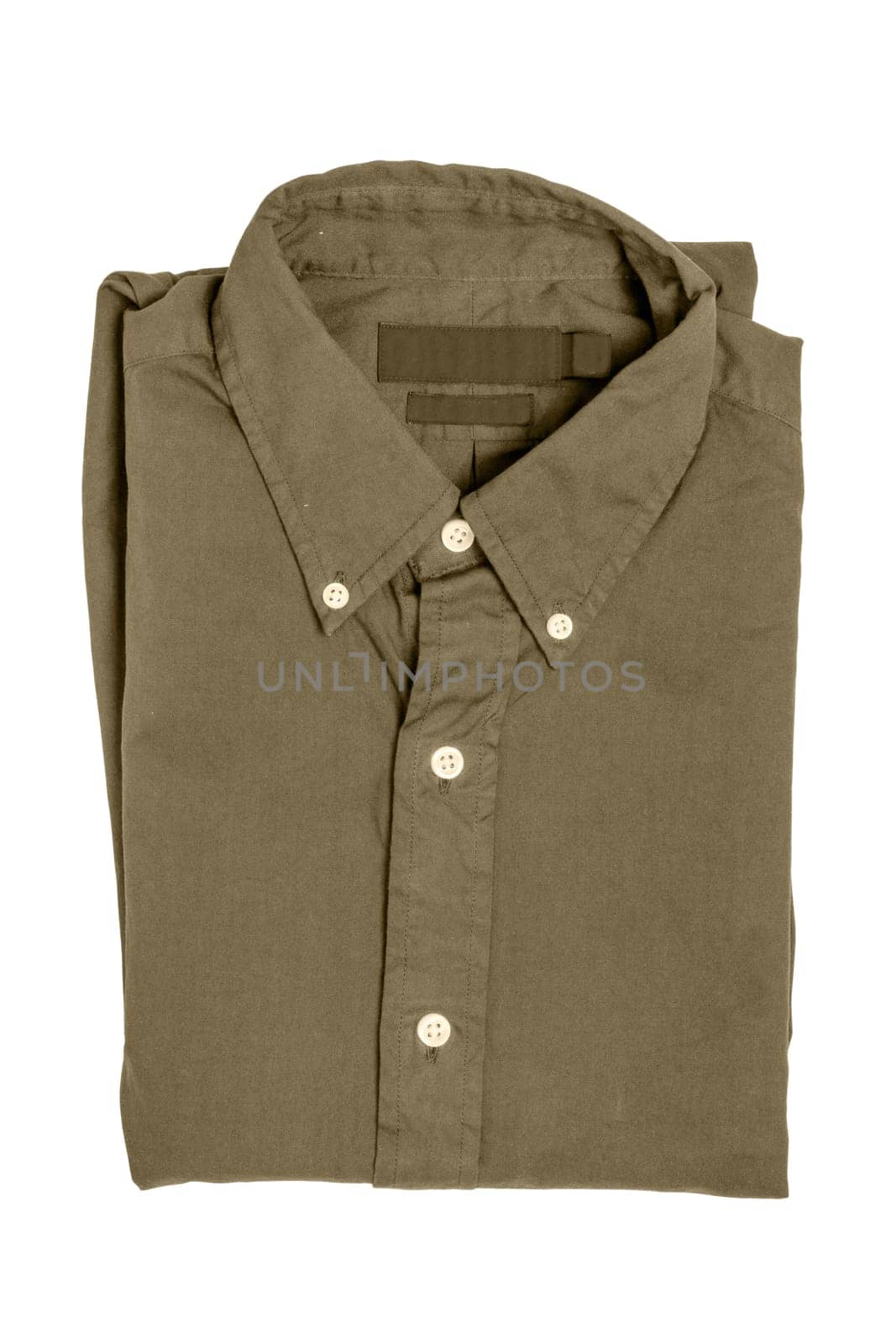 Folded clothes. Close-up of a new sepia business shirt isolated on a white background. Mens shirt. Clipping path. Summer fashion. Background texture with space.
