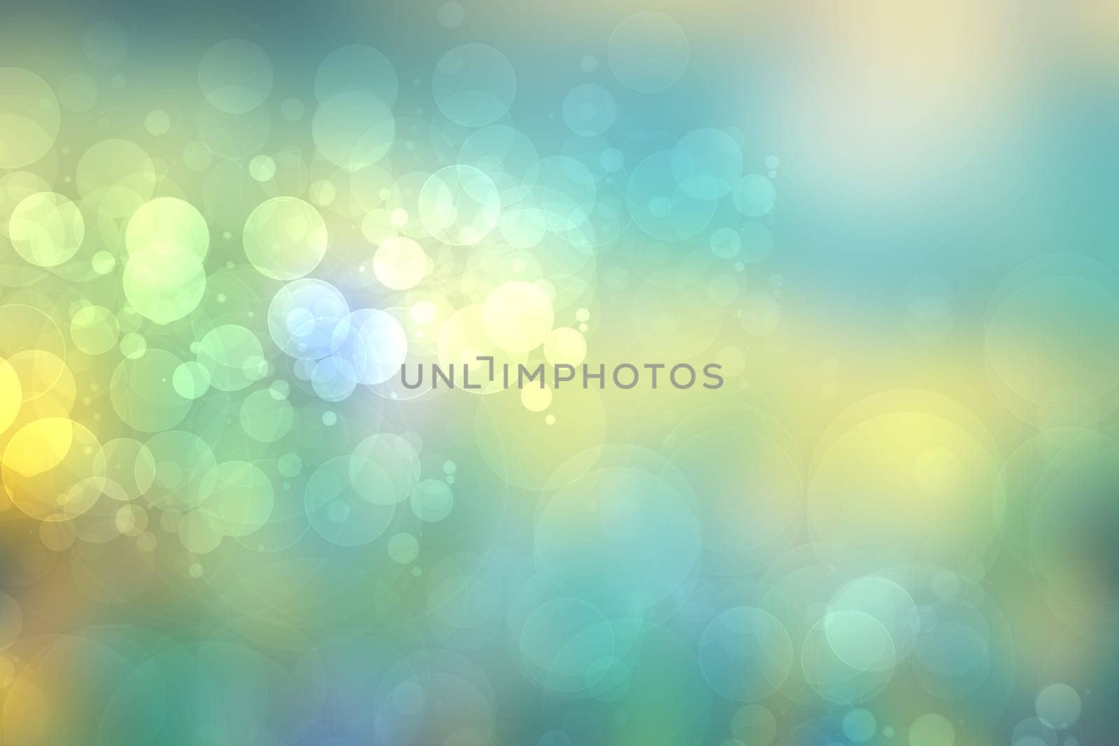 Abstract gradient light blue turquoise yellow green shiny blurred background texture with circular bokeh lights. Beautiful fresh backdrop. Space for design.