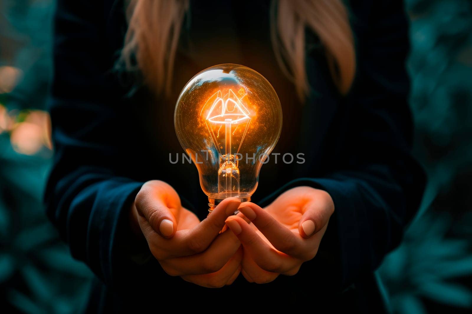 The woman is holding light bulb. Creative new idea. Innovation, brainstorming, inspiration and solution concepts. AI generated
