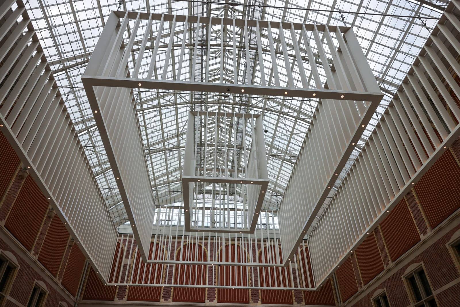Amsterdam, Netherlands - April 21, 2023: Rijksmuseum, the original interior courtyards have been redesigned to create the imposing new entrance space of the Atrium. Amsterdam, Netherlands